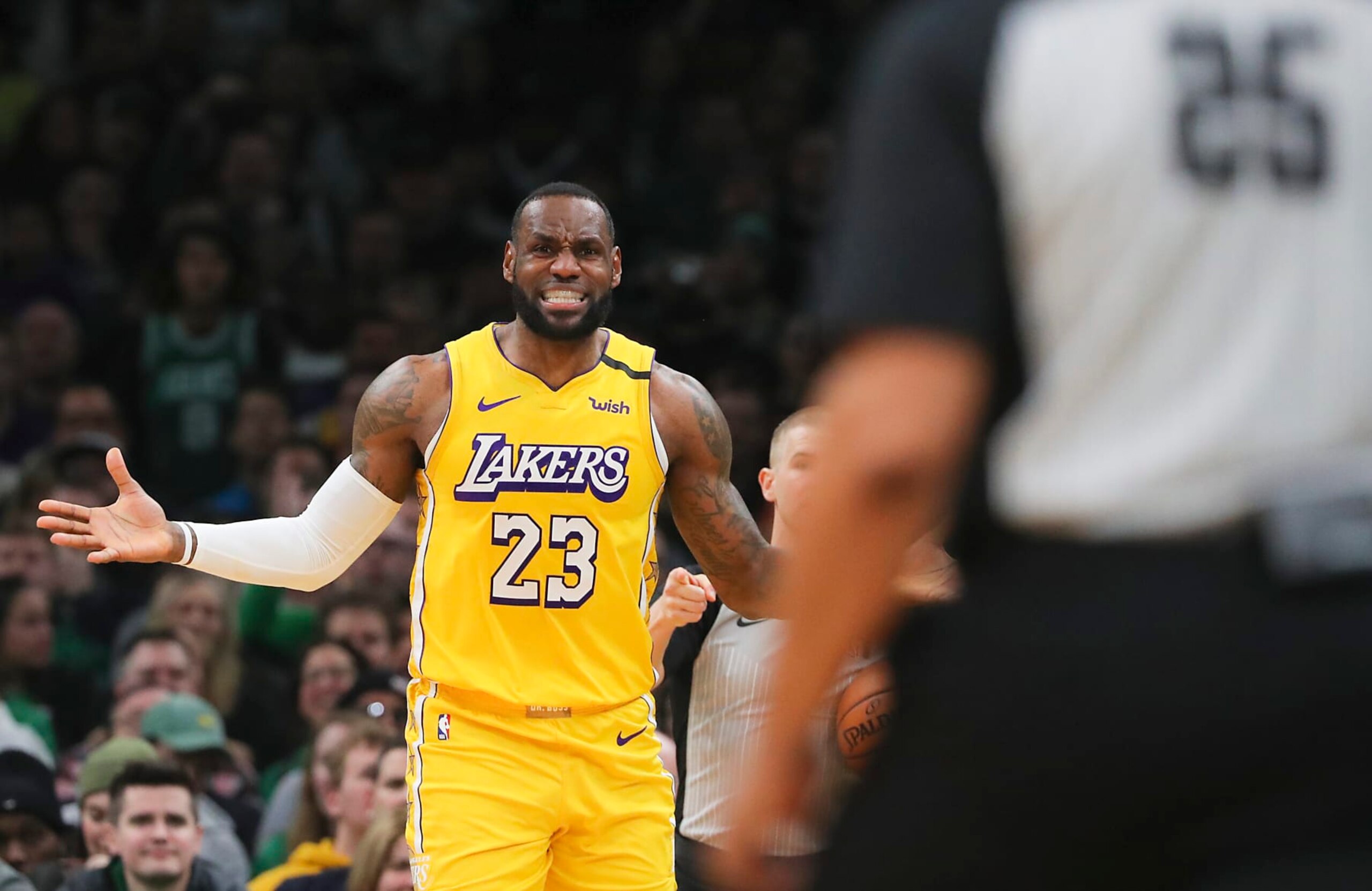 BOSTON, MA - JANUARY 20: Los Angeles Lakers forward LeBron James (23) complains about an out of bounds call to the referee which was overturned in James' favor. The Boston Celtics host the Los Angeles Lakers in an NBA basketball game at TD Garden in Boston on Jan. 20, 2020. (Photo by Matthew J. Lee/The Boston Globe via Getty Images)