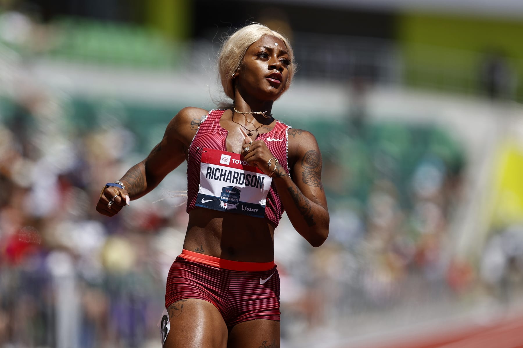 EUGENE, OREGON - JUNE 25: Sha'Carri Richardson competes in the women's 200 meter first round during the 2022 USATF Outdoor Championships at Hayward Field on June 25, 2022 in Eugene, Oregon. (Photo by Steph Chambers/Getty Images)
