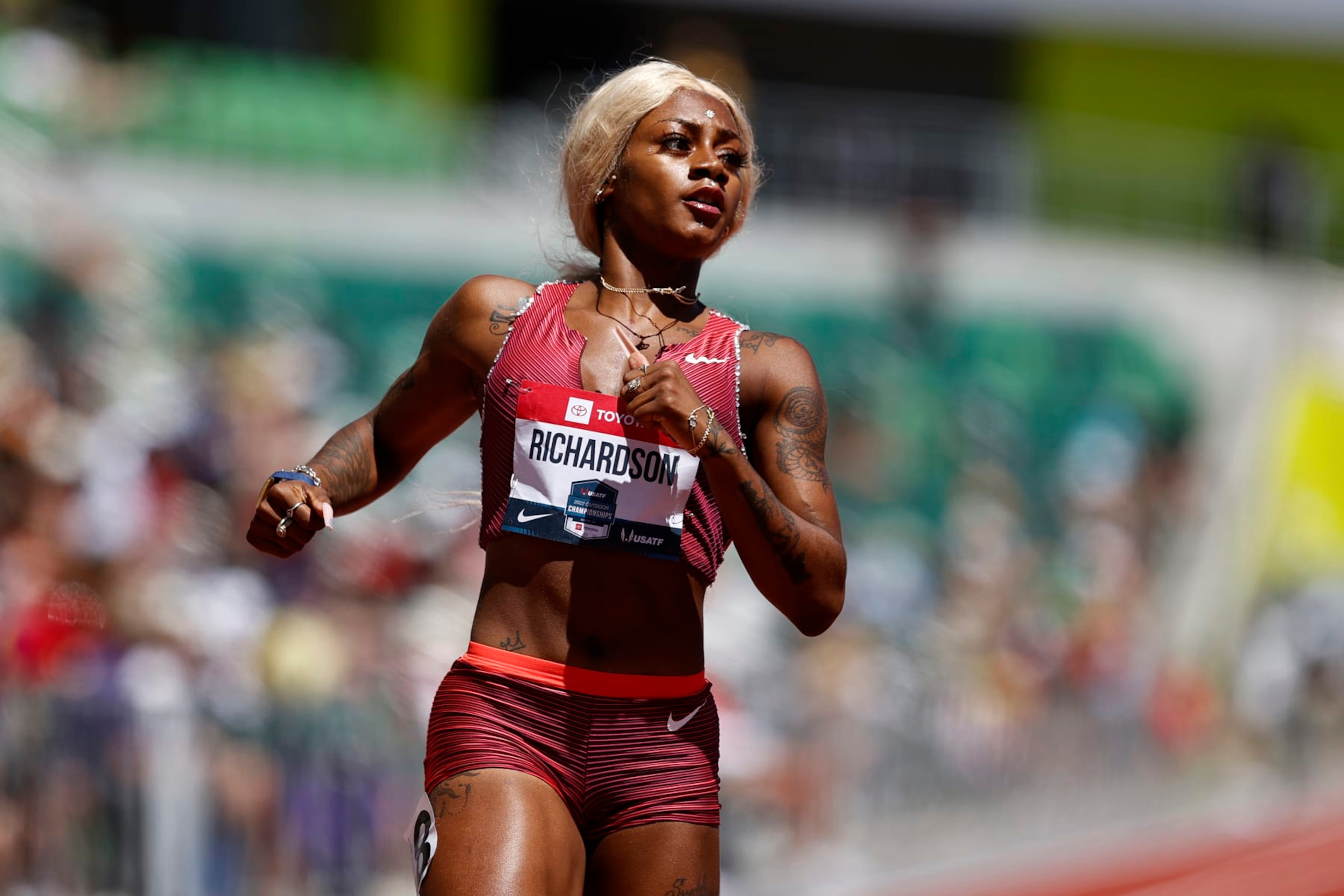 EUGENE, OREGON - JUNE 25: Sha'Carri Richardson competes in the women's 200 meter first round during the 2022 USATF Outdoor Championships at Hayward Field on June 25, 2022 in Eugene, Oregon. (Photo by Steph Chambers/Getty Images) EUGENE, OREGON - JUNE 25: Sha'Carri Richardson competes in the women's 200 meter first round during the 2022 USATF Outdoor Championships at Hayward Field on June 25, 2022 in Eugene, Oregon. (Photo by Steph Chambers/Getty Images)