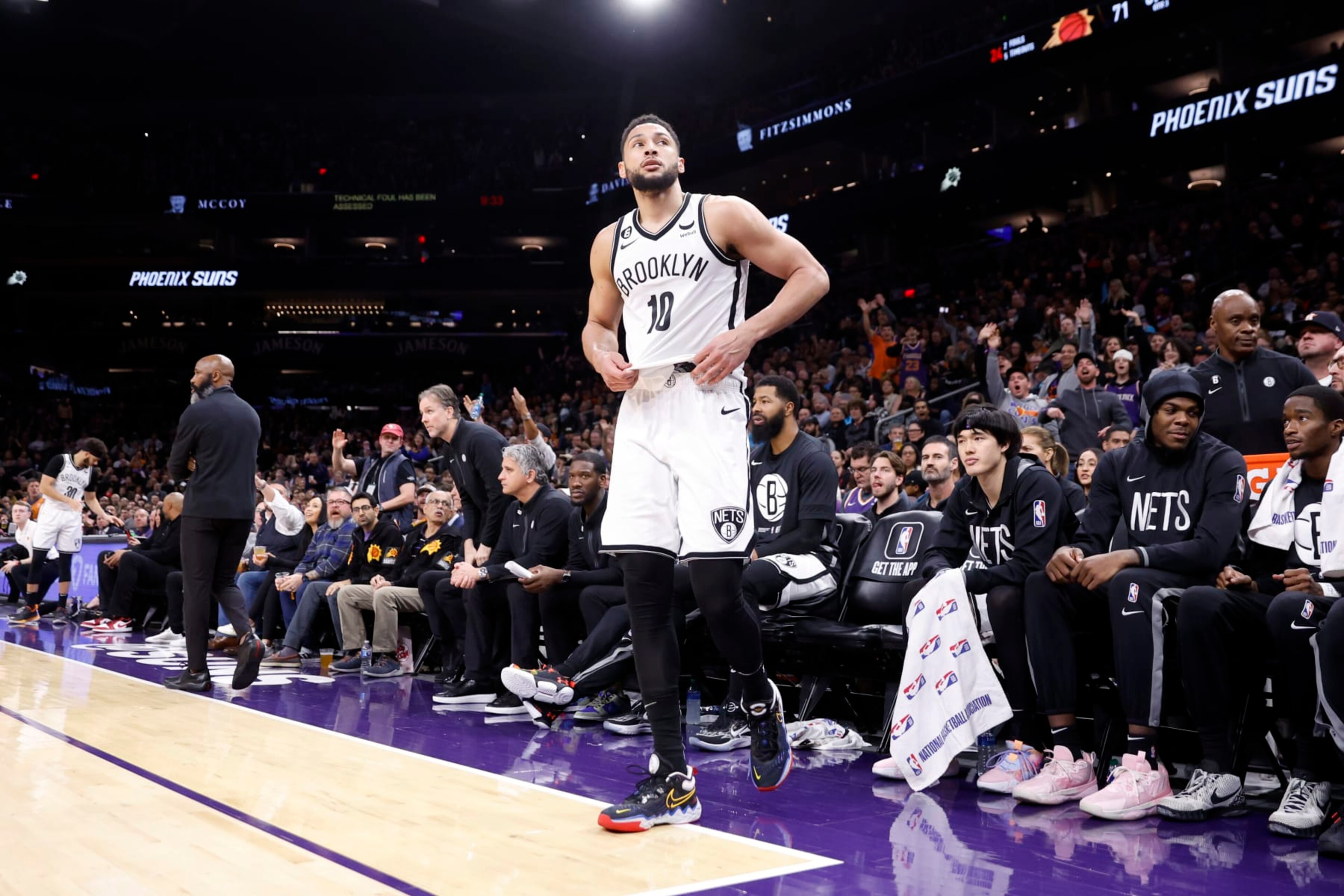 PHOENIX, ARIZONA - JANUARY 19: Ben Simmons #10 of the Brooklyn Nets walks off the bench after being ejected during the second half against the Phoenix Suns at Footprint Center on January 19, 2023 in Phoenix, Arizona. NOTE TO USER: User expressly acknowledges and agrees that, by downloading and or using this photograph, User is consenting to the terms and conditions of the Getty Images License Agreement. (Photo by Chris Coduto/Getty Images) PHOENIX, ARIZONA - JANUARY 19: Ben Simmons #10 of the Brooklyn Nets walks off the bench after being ejected during the second half against the Phoenix Suns at Footprint Center on January 19, 2023 in Phoenix, Arizona. NOTE TO USER: User expressly acknowledges and agrees that, by downloading and or using this photograph, User is consenting to the terms and conditions of the Getty Images License Agreement. (Photo by Chris Coduto/Getty Images)