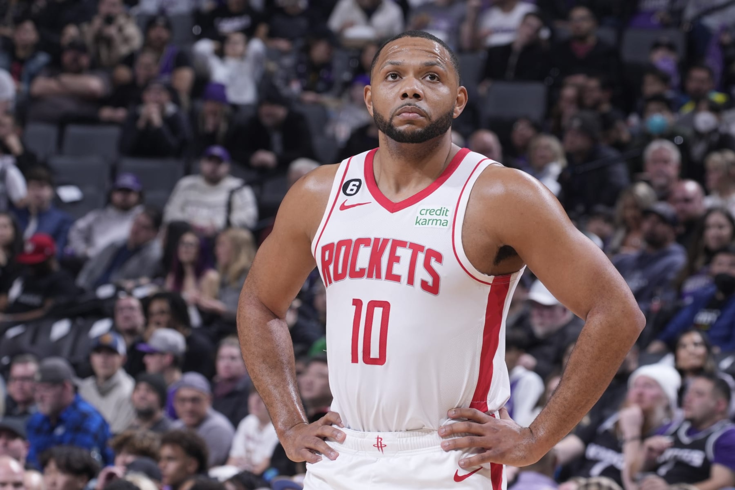 SACRAMENTO, CA - JANUARY 13: Eric Gordon #10 of the Houston Rockets looks on during the game against the Sacramento Kings on January 13, 2023 at Golden 1 Center in Sacramento, California. NOTE TO USER: User expressly acknowledges and agrees that, by downloading and or using this photograph, User is consenting to the terms and conditions of the Getty Images Agreement. Mandatory Copyright Notice: Copyright 2023 NBAE (Photo by Rocky Widner/NBAE via Getty Images)