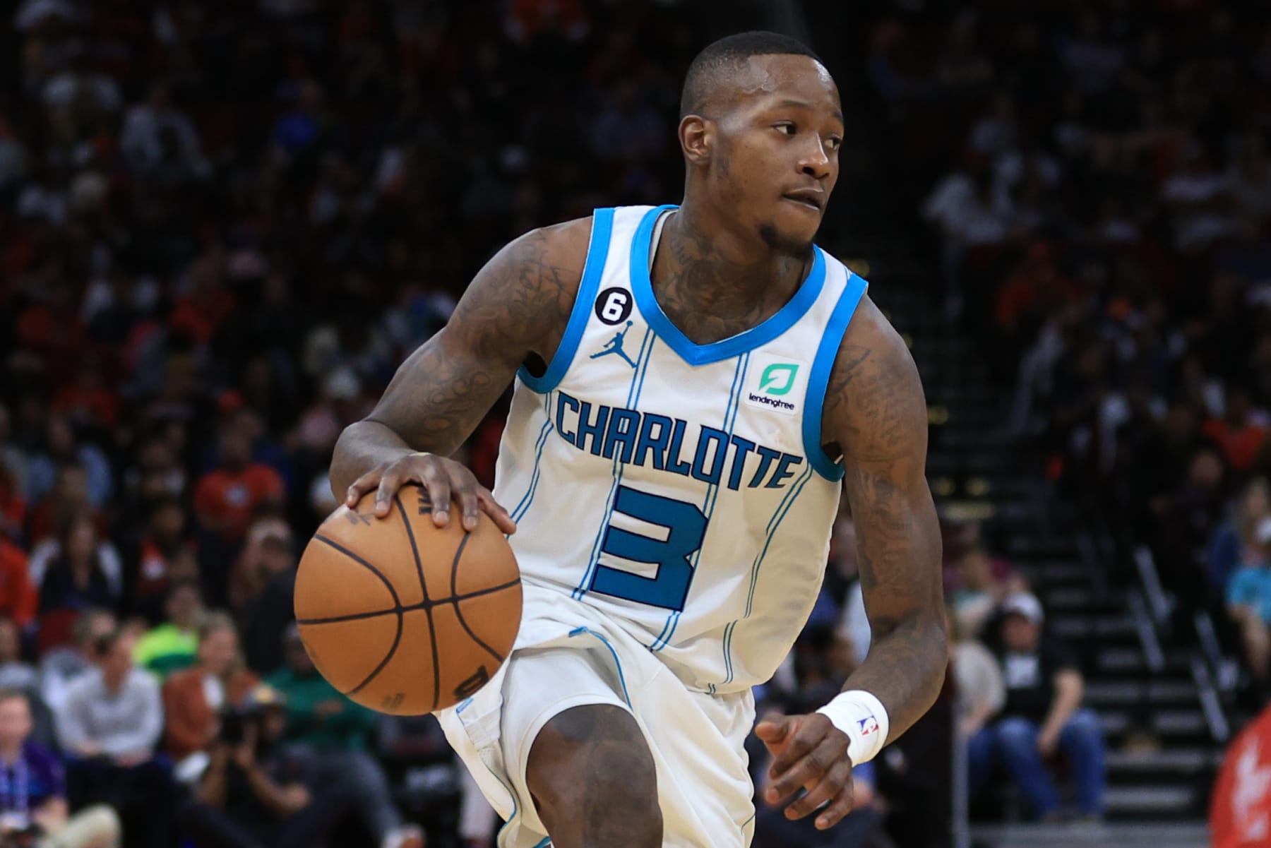 HOUSTON, TEXAS - JANUARY 18: Terry Rozier #3 of the Charlotte Hornets in action against the Houston Rockets during the second half at Toyota Center on January 18, 2023 in Houston, Texas. NOTE TO USER: User expressly acknowledges and agrees that, by downloading and or using this photograph, User is consenting to the terms and conditions of the Getty Images License Agreement. (Photo by Carmen Mandato/Getty Images)