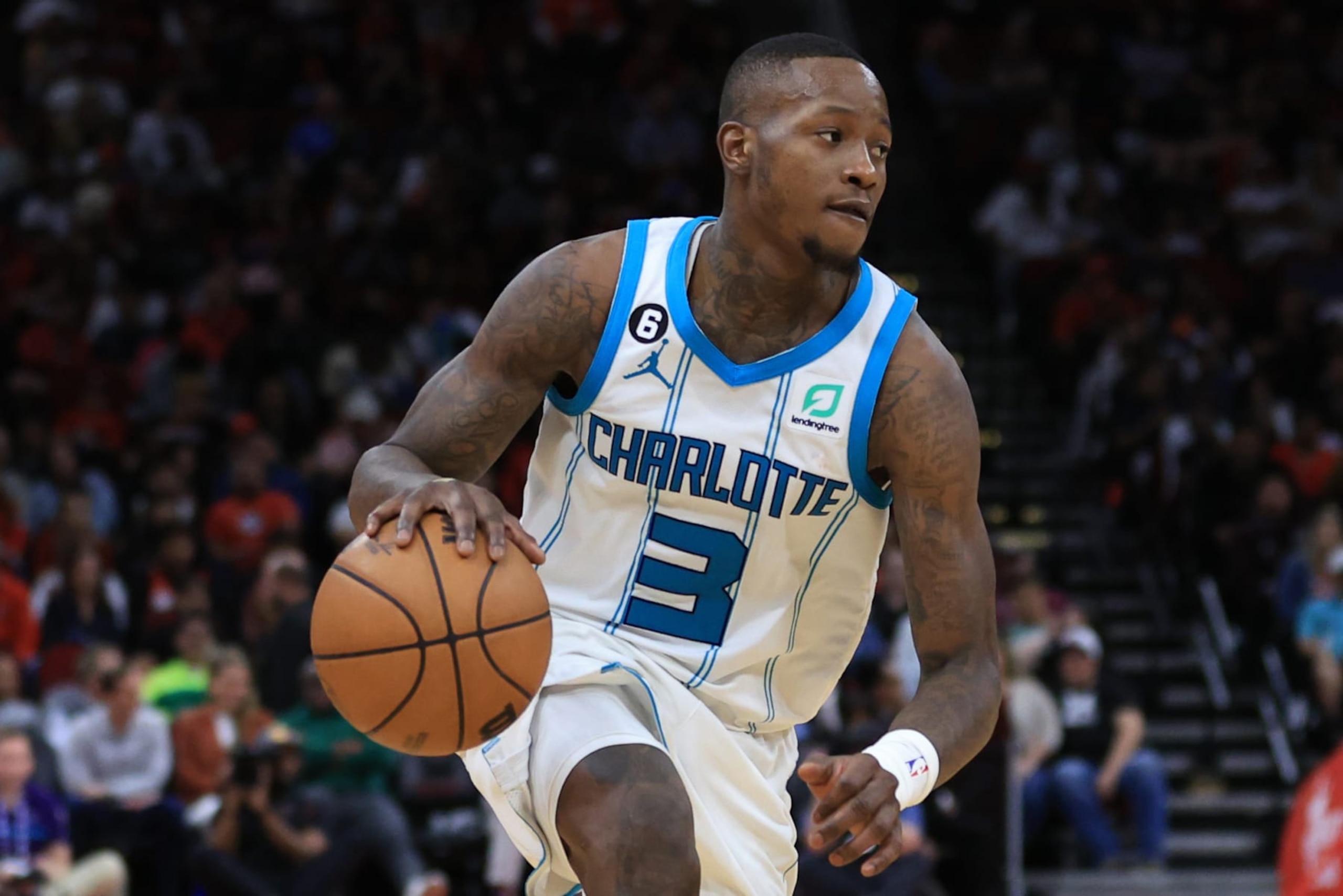 HOUSTON, TEXAS - JANUARY 18: Terry Rozier #3 of the Charlotte Hornets in action against the Houston Rockets during the second half at Toyota Center on January 18, 2023 in Houston, Texas. NOTE TO USER: User expressly acknowledges and agrees that, by downloading and or using this photograph, User is consenting to the terms and conditions of the Getty Images License Agreement. (Photo by Carmen Mandato/Getty Images)