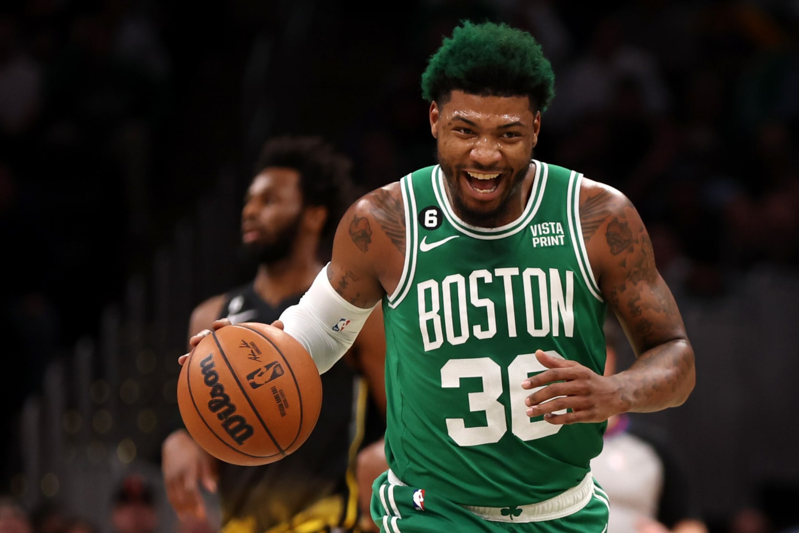 BOSTON, MASSACHUSETTS - JANUARY 19: Marcus Smart #36 of the Boston Celtics reacts during the first half against the Golden State Warriors at TD Garden on January 19, 2023 in Boston, Massachusetts. NOTE TO USER: User expressly acknowledges and agrees that, by downloading and or using this photograph, User is consenting to the terms and conditions of the Getty Images License Agreement. (Photo by Maddie Meyer/Getty Images) BOSTON, MASSACHUSETTS - JANUARY 19: Marcus Smart #36 of the Boston Celtics reacts during the first half against the Golden State Warriors at TD Garden on January 19, 2023 in Boston, Massachusetts. NOTE TO USER: User expressly acknowledges and agrees that, by downloading and or using this photograph, User is consenting to the terms and conditions of the Getty Images License Agreement. (Photo by Maddie Meyer/Getty Images)