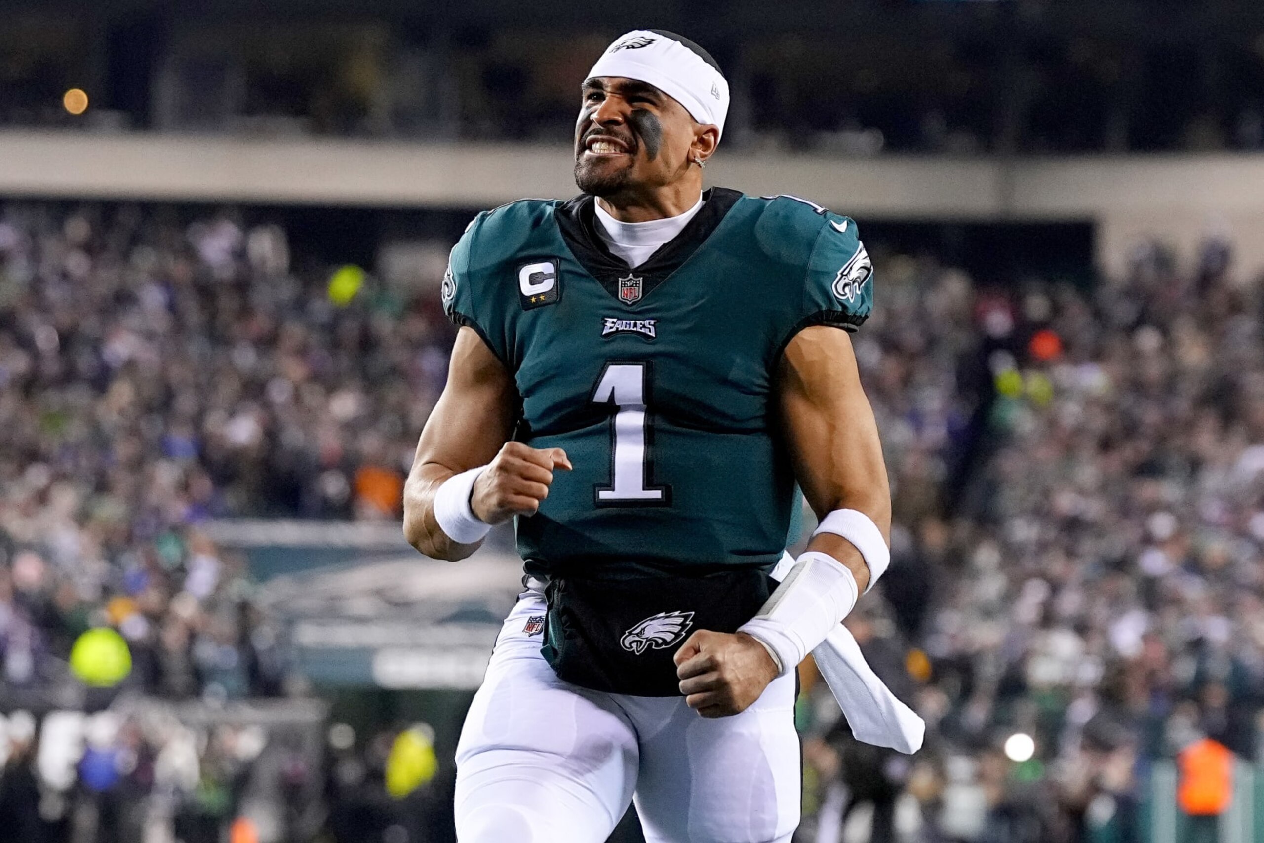 PHILADELPHIA, PENNSYLVANIA - JANUARY 21: Jalen Hurts #1 of the Philadelphia Eagles reacts prior to a game against the New York Giants in the NFC Divisional Playoff game at Lincoln Financial Field on January 21, 2023 in Philadelphia, Pennsylvania. (Photo by Mitchell Leff/Getty Images)