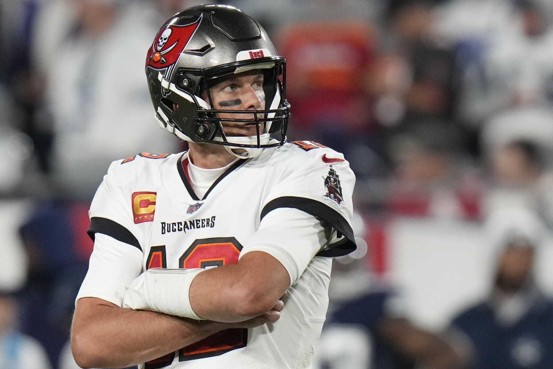 Tampa Bay Buccaneers quarterback Tom Brady (12) stands on the field during the second half of an NFL wild-card football game against the Dallas Cowboys, Monday, Jan. 16, 2023, in Tampa, Fla. (AP Photo/Chris O'Meara)