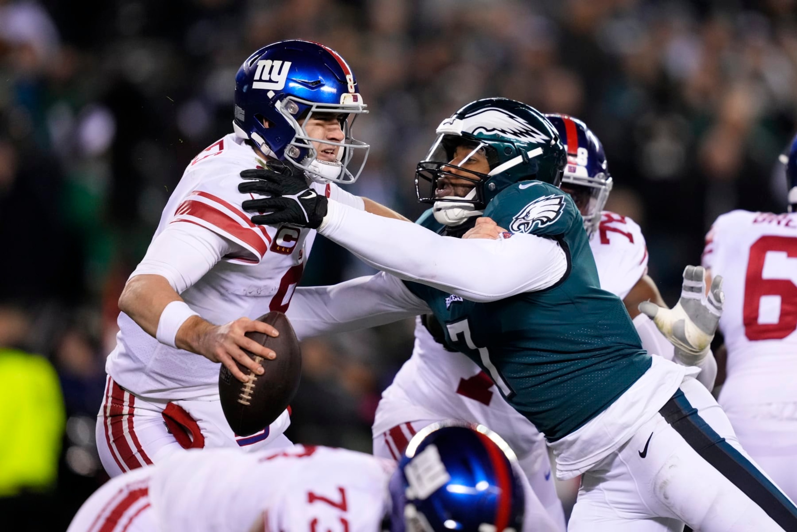 Philadelphia Eagles linebacker Haason Reddick, right, applies pressure on New York Giants quarterback Daniel Jones during the first half of an NFL divisional round playoff football game, Saturday, Jan. 21, 2023, in Philadelphia. (AP Photo/Matt Rourke) Philadelphia Eagles linebacker Haason Reddick, right, applies pressure on New York Giants quarterback Daniel Jones during the first half of an NFL divisional round playoff football game, Saturday, Jan. 21, 2023, in Philadelphia. (AP Photo/Matt Rourke)