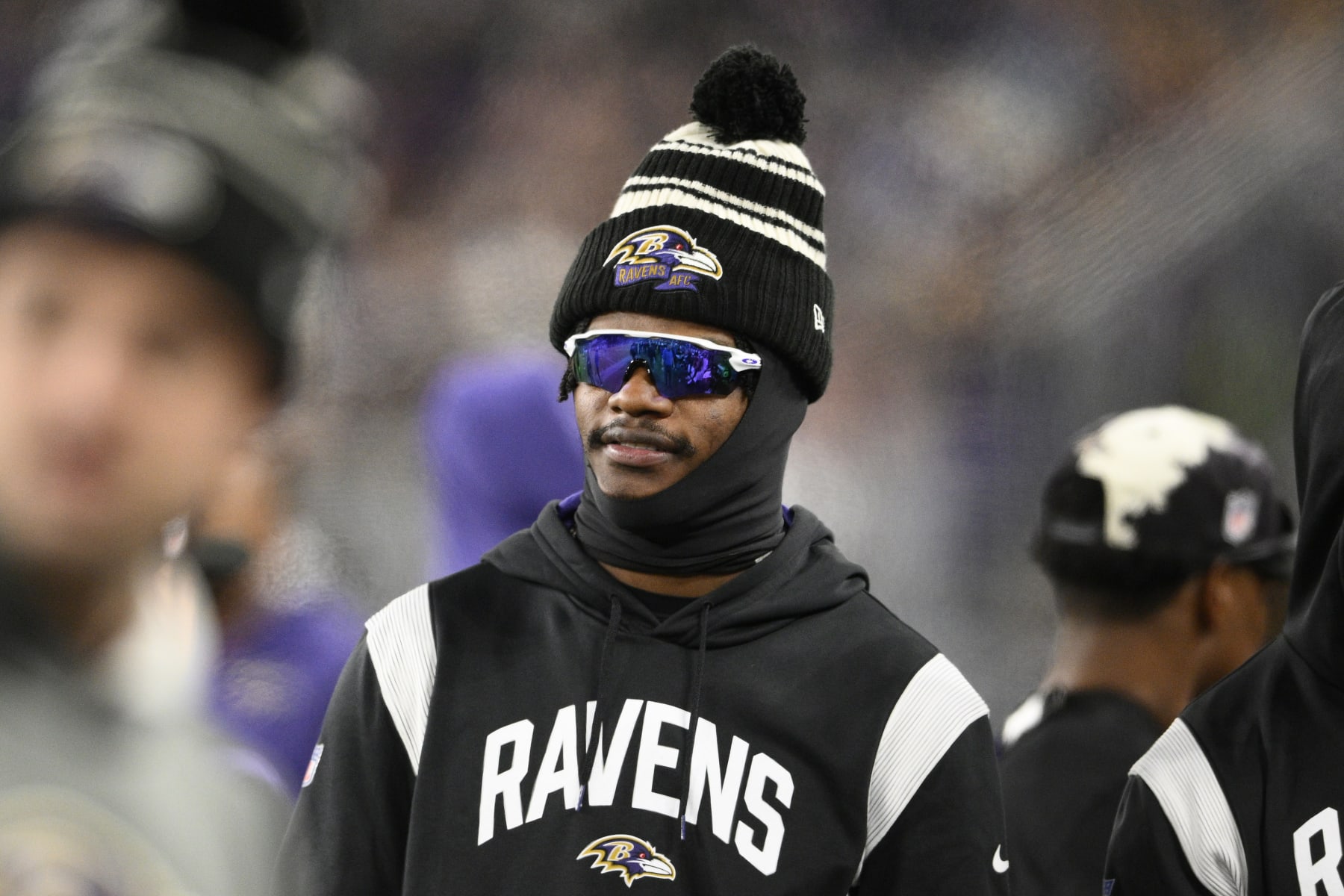 Baltimore Ravens quarterback Lamar Jackson (8) looks on during the second half of an NFL football game against the Pittsburgh Steelers, Sunday, Jan. 1, 2023, in Baltimore. (AP Photo/Nick Wass)