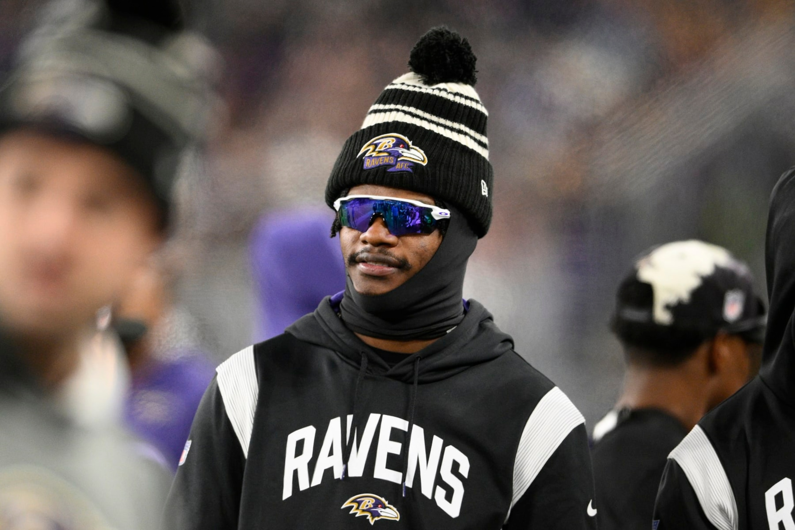 Baltimore Ravens quarterback Lamar Jackson (8) looks on during the second half of an NFL football game against the Pittsburgh Steelers, Sunday, Jan. 1, 2023, in Baltimore. (AP Photo/Nick Wass)