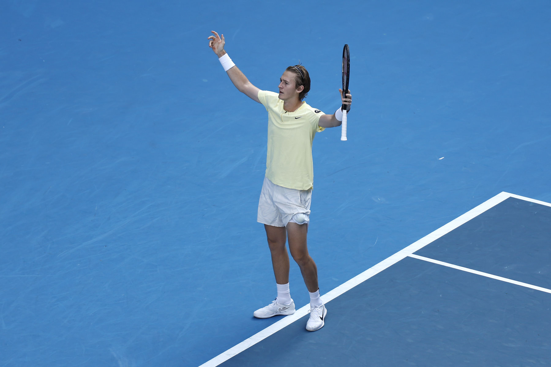 MELBOURNE, AUSTRALIA - JANUARY 22: Sebastian Korda of the United States celebrates match point during the fourth round singles match against Hubert Hurkacz of Poland during day seven of the 2023 Australian Open at Melbourne Park on January 22, 2023 in Melbourne, Australia. (Photo by Darrian Traynor/Getty Images)