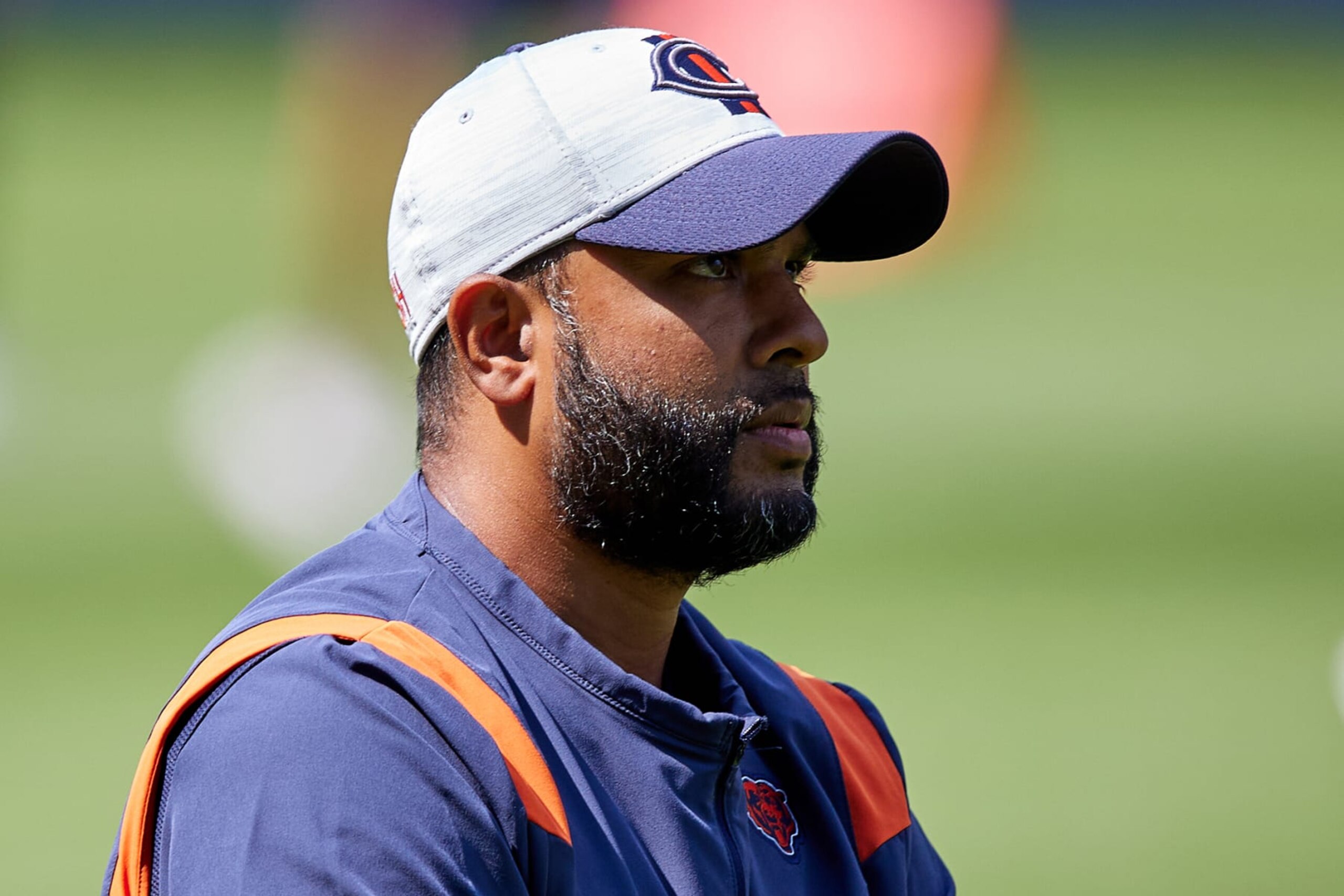 CHICAGO, IL - AUGUST 03: Chicago Bears defensive coordinator Sean Desai looks on during the Chicago Bears training camp on Family Fest Day at Soldier Field on August 3, 2021 at Soldier Field in Chicago, IL. (Photo by Robin Alam/Icon Sportswire via Getty Images)