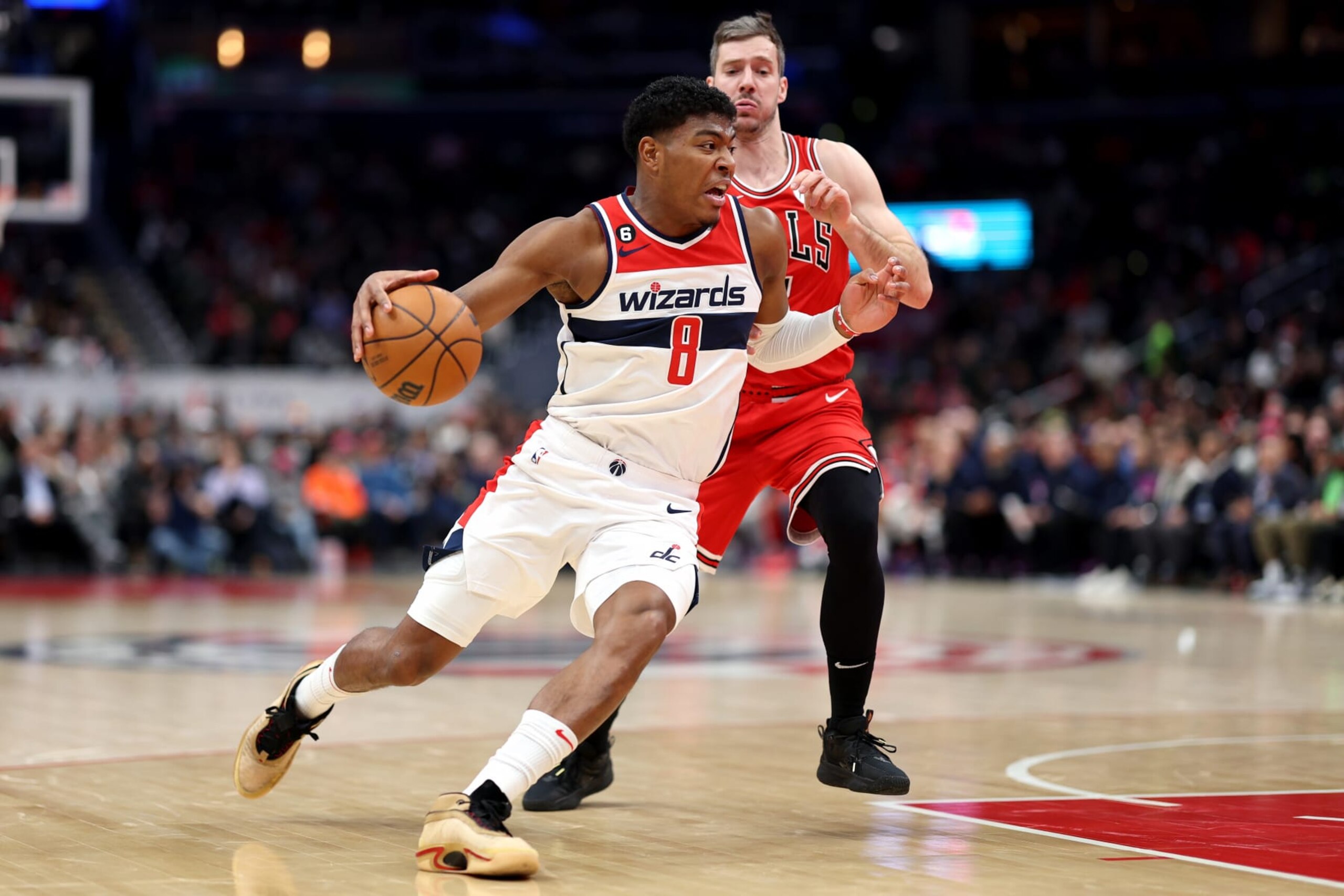 WASHINGTON, DC - JANUARY 11: Rui Hachimura #8 of the Washington Wizards drives around Goran Dragic #7 of the Chicago Bulls in the first half at Capital One Arena on January 11, 2023 in Washington, DC. NOTE TO USER: User expressly acknowledges and agrees that, by downloading and or using this photograph, User is consenting to the terms and conditions of the Getty Images License Agreement. (Photo by Rob Carr/Getty Images) WASHINGTON, DC - JANUARY 11: Rui Hachimura #8 of the Washington Wizards drives around Goran Dragic #7 of the Chicago Bulls in the first half at Capital One Arena on January 11, 2023 in Washington, DC. NOTE TO USER: User expressly acknowledges and agrees that, by downloading and or using this photograph, User is consenting to the terms and conditions of the Getty Images License Agreement. (Photo by Rob Carr/Getty Images)
