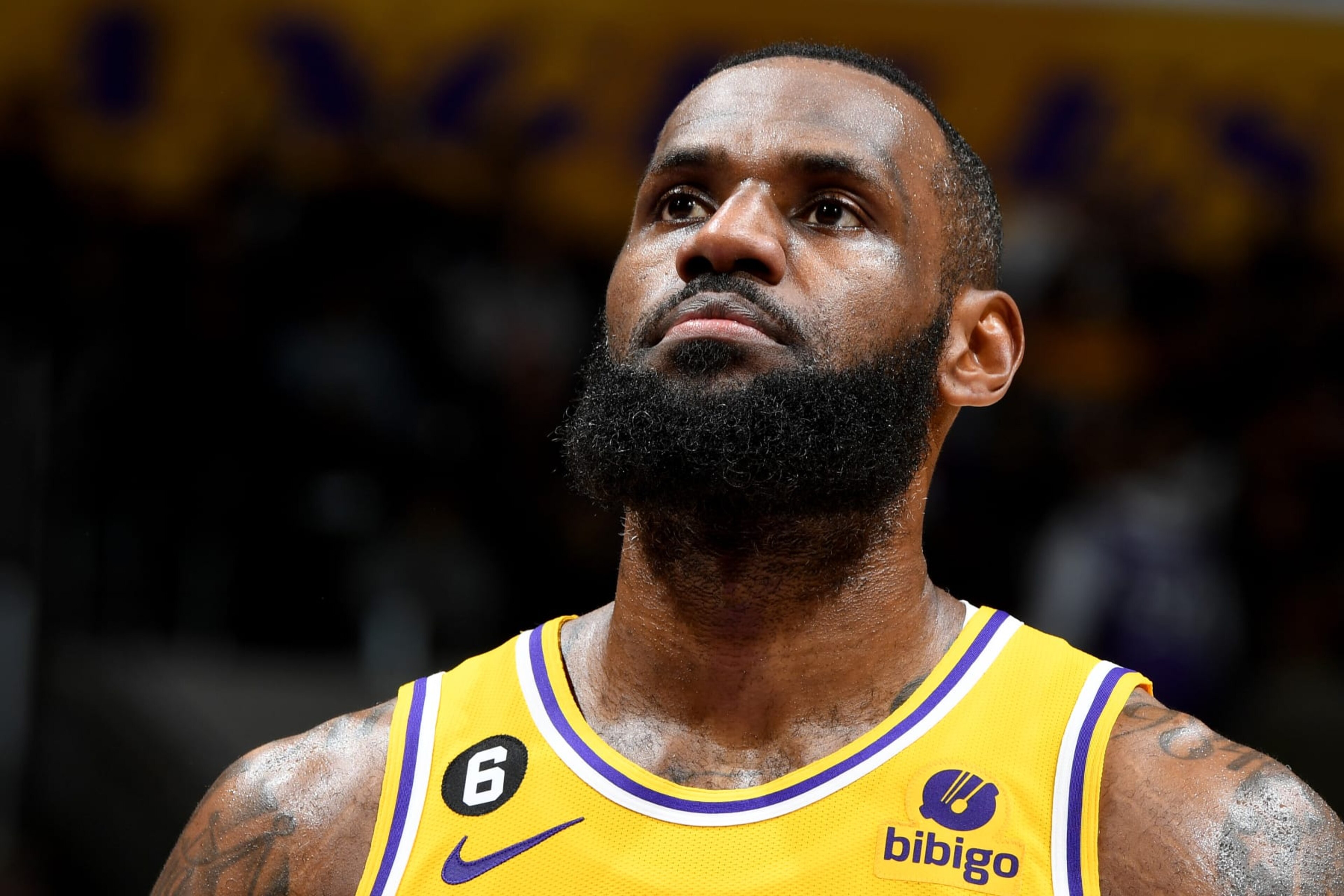 LOS ANGELES, CA - JANUARY 18: LeBron James #6 of the Los Angeles Lakers looks on during the game against the Sacramento Kings on January 18, 2023 at Crypto.Com Arena in Los Angeles, California. NOTE TO USER: User expressly acknowledges and agrees that, by downloading and/or using this Photograph, user is consenting to the terms and conditions of the Getty Images License Agreement. Mandatory Copyright Notice: Copyright 2023 NBAE (Photo by Andrew D. Bernstein/NBAE via Getty Images) LOS ANGELES, CA - JANUARY 18: LeBron James #6 of the Los Angeles Lakers looks on during the game against the Sacramento Kings on January 18, 2023 at Crypto.Com Arena in Los Angeles, California. NOTE TO USER: User expressly acknowledges and agrees that, by downloading and/or using this Photograph, user is consenting to the terms and conditions of the Getty Images License Agreement. Mandatory Copyright Notice: Copyright 2023 NBAE (Photo by Andrew D. Bernstein/NBAE via Getty Images)