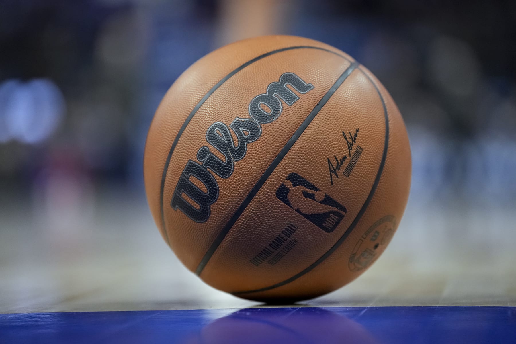 DETROIT, MICHIGAN - JANUARY 13: A Wilson brand NBA basketball is pictured with logos during the game between the Detroit Pistons and New Orleans Pelicans at Little Caesars Arena on January 13, 2023 in Detroit, Michigan. NOTE TO USER: User expressly acknowledges and agrees that, by downloading and or using this photograph, User is consenting to the terms and conditions of the Getty Images License Agreement. (Photo by Nic Antaya/Getty Images)