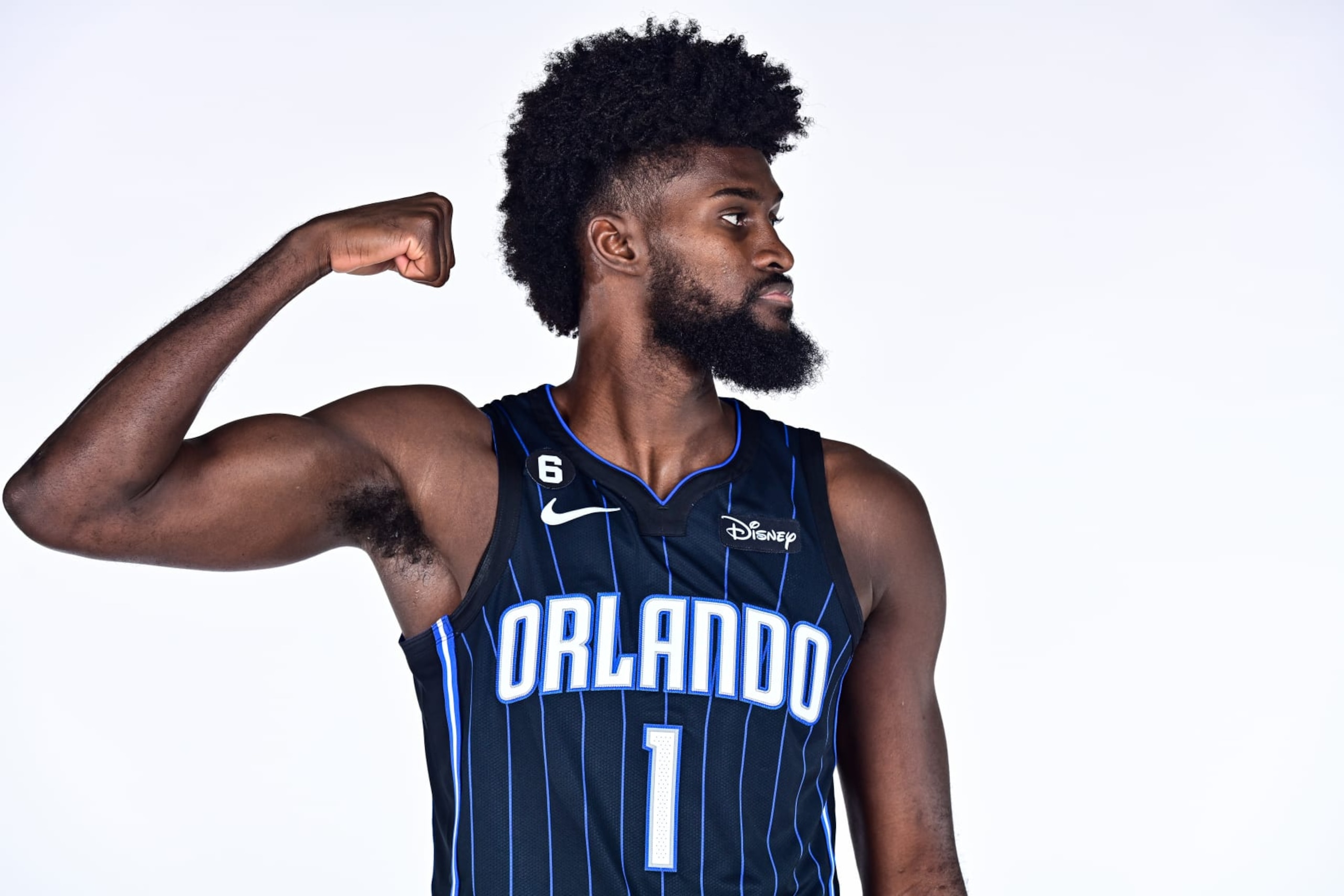 ORLANDO, FLORIDA - SEPTEMBER 26: Jonathan Isaac #1 of the Orlando Magic poses during the 2022 Orlando Magic Media Day at AdventHealth Training Center on September 26, 2022 in Orlando, Florida. (Photo by Julio Aguilar/Getty Images)
