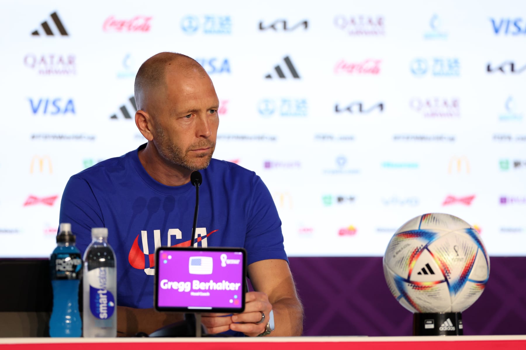DOHA, QATAR - DECEMBER 03: Gregg Berhalter, Head Coach of United States, attends the post match press conference after the 1-3 loss during the FIFA World Cup Qatar 2022 Round of 16 match between Netherlands and USA at Khalifa International Stadium on December 03, 2022 in Doha, Qatar. (Photo by Patrick Smith - FIFA/FIFA via Getty Images)