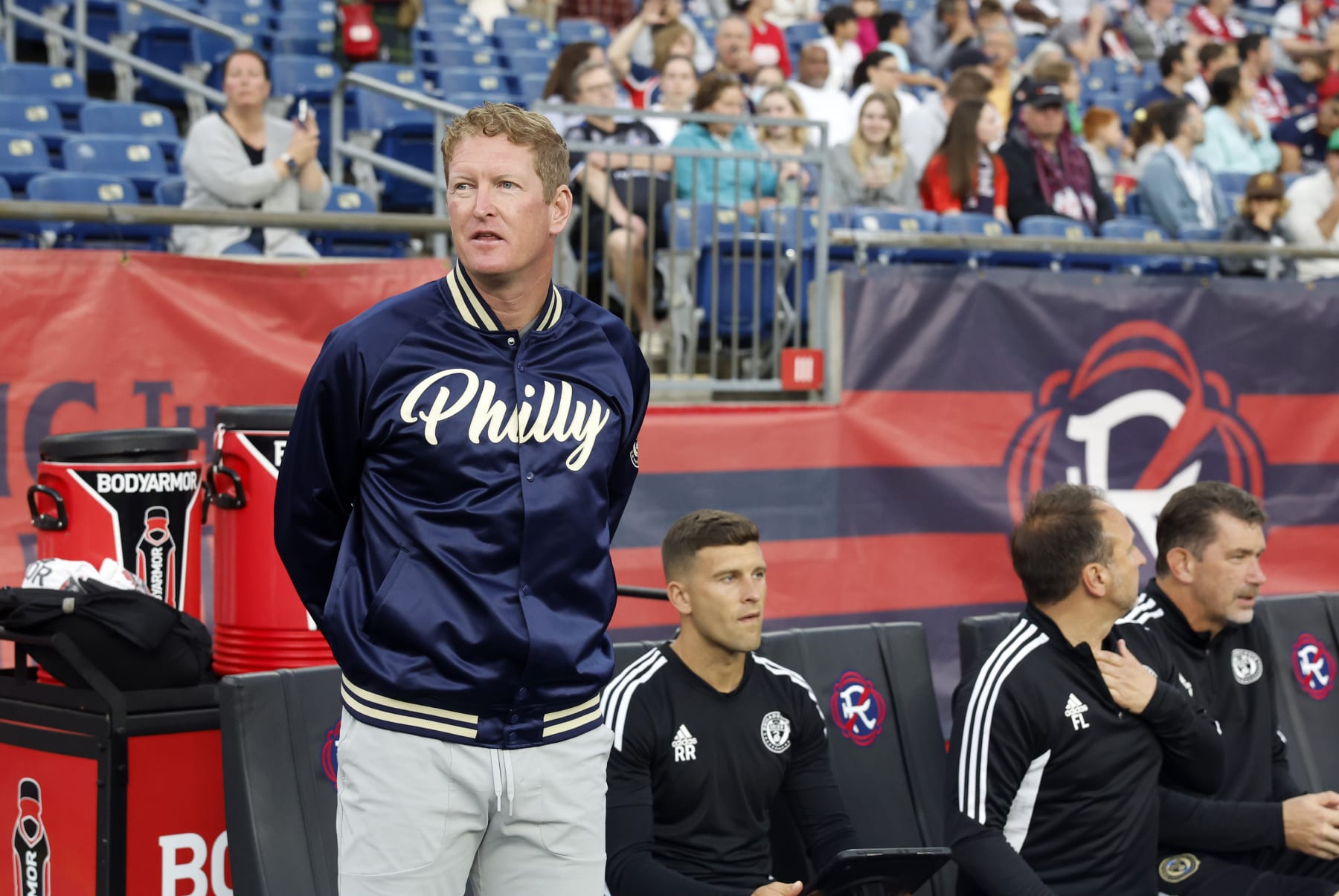 FOXBOROUGH, MA - MAY 28: Philadelphia Union head coach Jim Curtin  before a match between the New England Revolution and the Philadelphia Union on May 28, 2022, at Gillette Stadium in Foxborough, Massachusetts. (Photo by Fred Kfoury III/Icon Sportswire via Getty Images)
