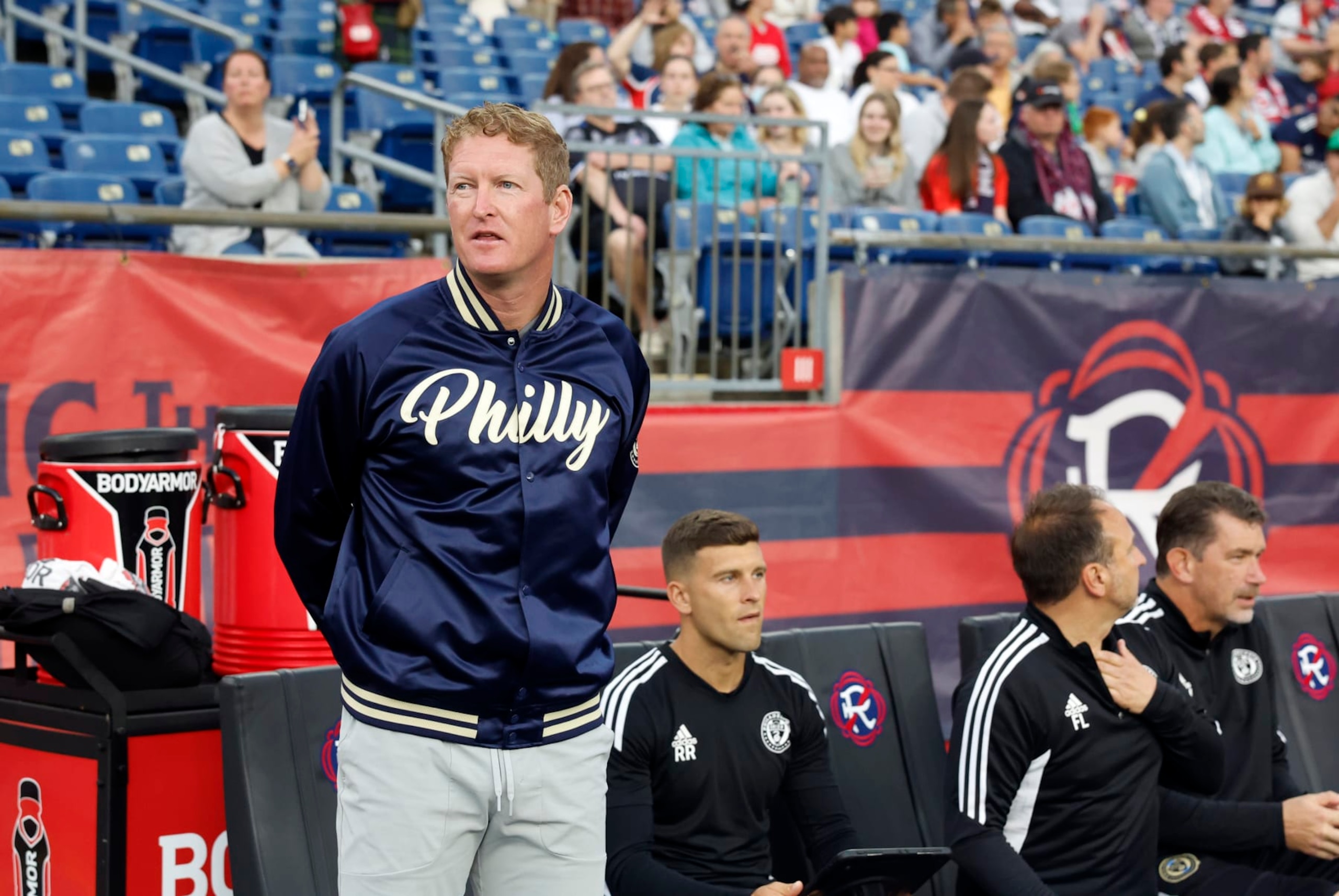 FOXBOROUGH, MA - MAY 28: Philadelphia Union head coach Jim Curtin before a match between the New England Revolution and the Philadelphia Union on May 28, 2022, at Gillette Stadium in Foxborough, Massachusetts. (Photo by Fred Kfoury III/Icon Sportswire via Getty Images) FOXBOROUGH, MA - MAY 28: Philadelphia Union head coach Jim Curtin before a match between the New England Revolution and the Philadelphia Union on May 28, 2022, at Gillette Stadium in Foxborough, Massachusetts. (Photo by Fred Kfoury III/Icon Sportswire via Getty Images)