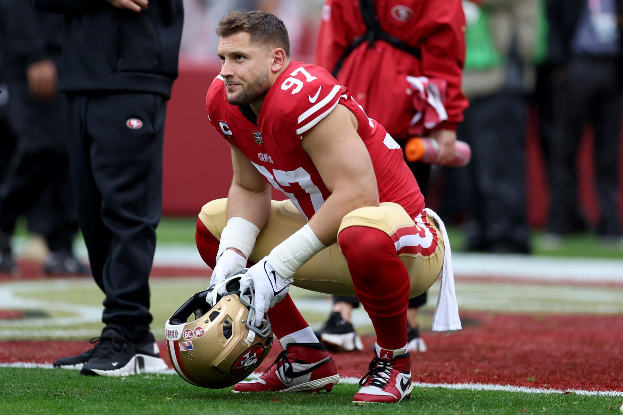 SANTA CLARA, CALIFORNIA - JANUARY 14: Nick Bosa #97 of the San Francisco 49ers looks on prior to the NFC Wild Card playoff game against the Seattle Seahawks at Levi's Stadium on January 14, 2023 in Santa Clara, California. (Photo by Ezra Shaw/Getty Images)
