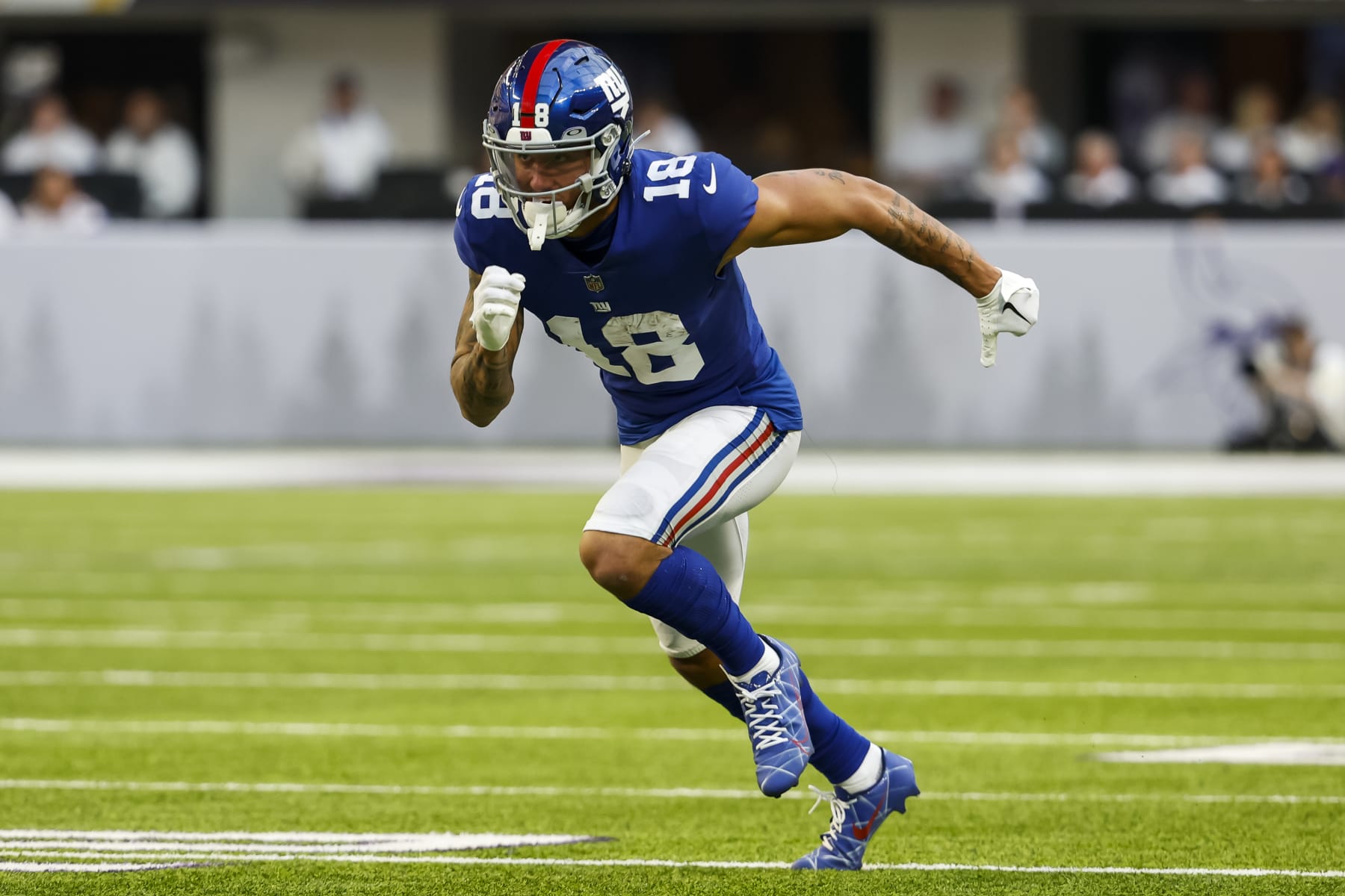 MINNEAPOLIS, MN - DECEMBER 24: Isaiah Hodgins #18 of the New York Giants competes against the Minnesota Vikings in the second quarter of the game at U.S. Bank Stadium on December 24, 2022 in Minneapolis, Minnesota. The Vikings defeated the Giants 27-24. (Photo by David Berding/Getty Images)