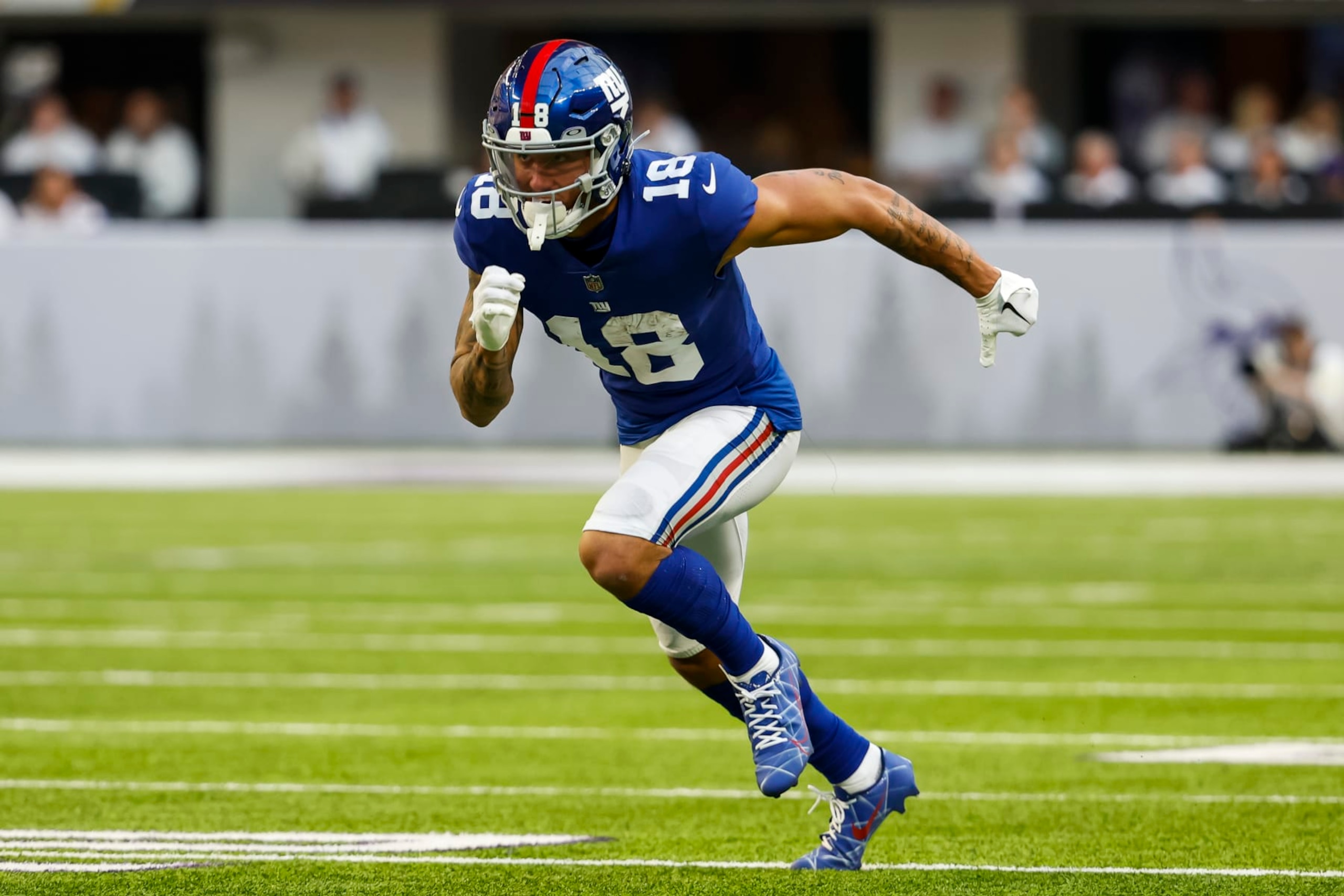 MINNEAPOLIS, MN - DECEMBER 24: Isaiah Hodgins #18 of the New York Giants competes against the Minnesota Vikings in the second quarter of the game at U.S. Bank Stadium on December 24, 2022 in Minneapolis, Minnesota. The Vikings defeated the Giants 27-24. (Photo by David Berding/Getty Images)