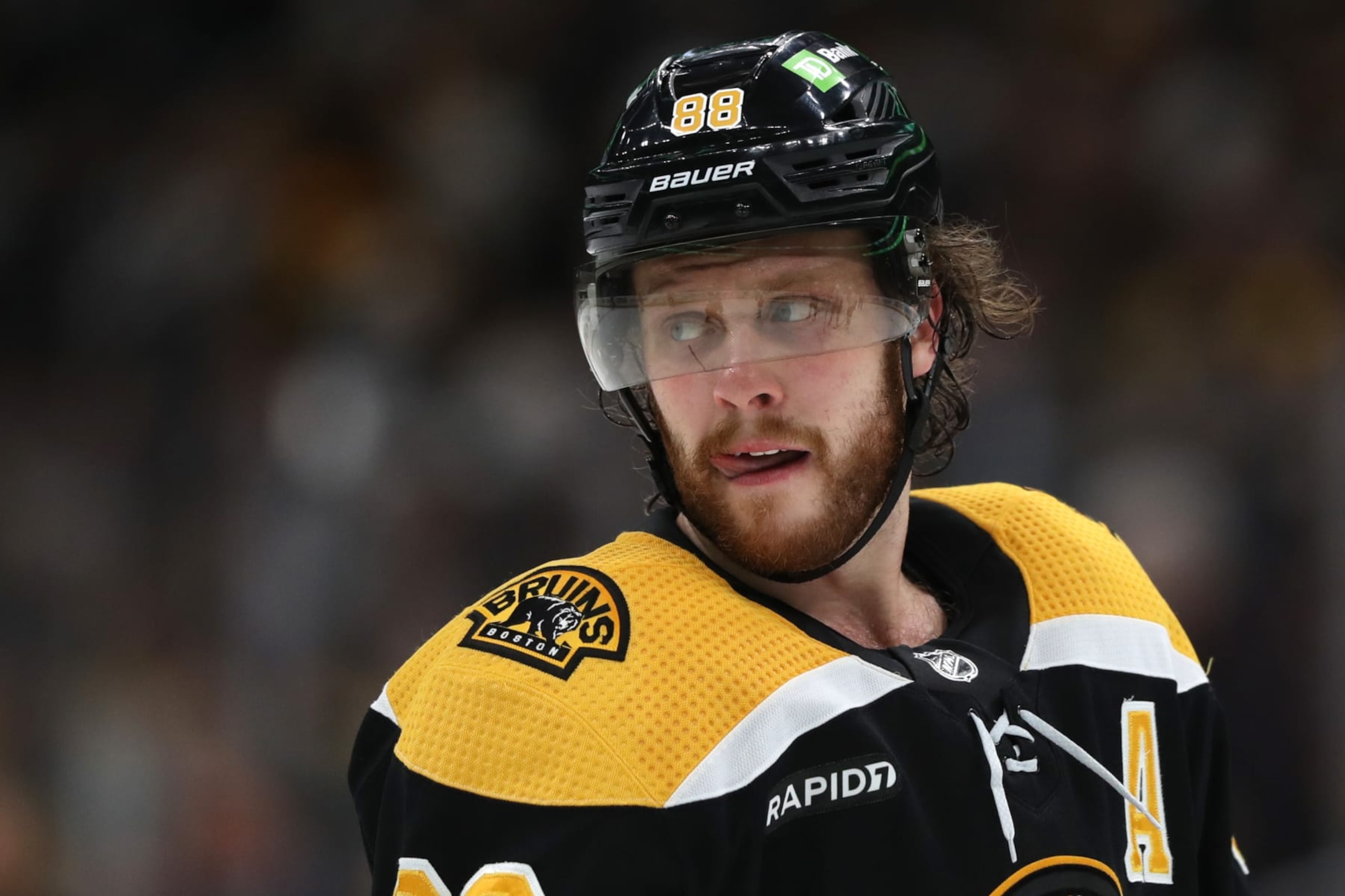 BOSTON, MASSACHUSETTS - JANUARY 12: David Pastrnak #88 of the Boston Bruins looks on during the third period against the Seattle Kraken at TD Garden on January 12, 2023 in Boston, Massachusetts. The Kraken defeat the Bruins 3-0.  (Photo by Maddie Meyer/Getty Images)