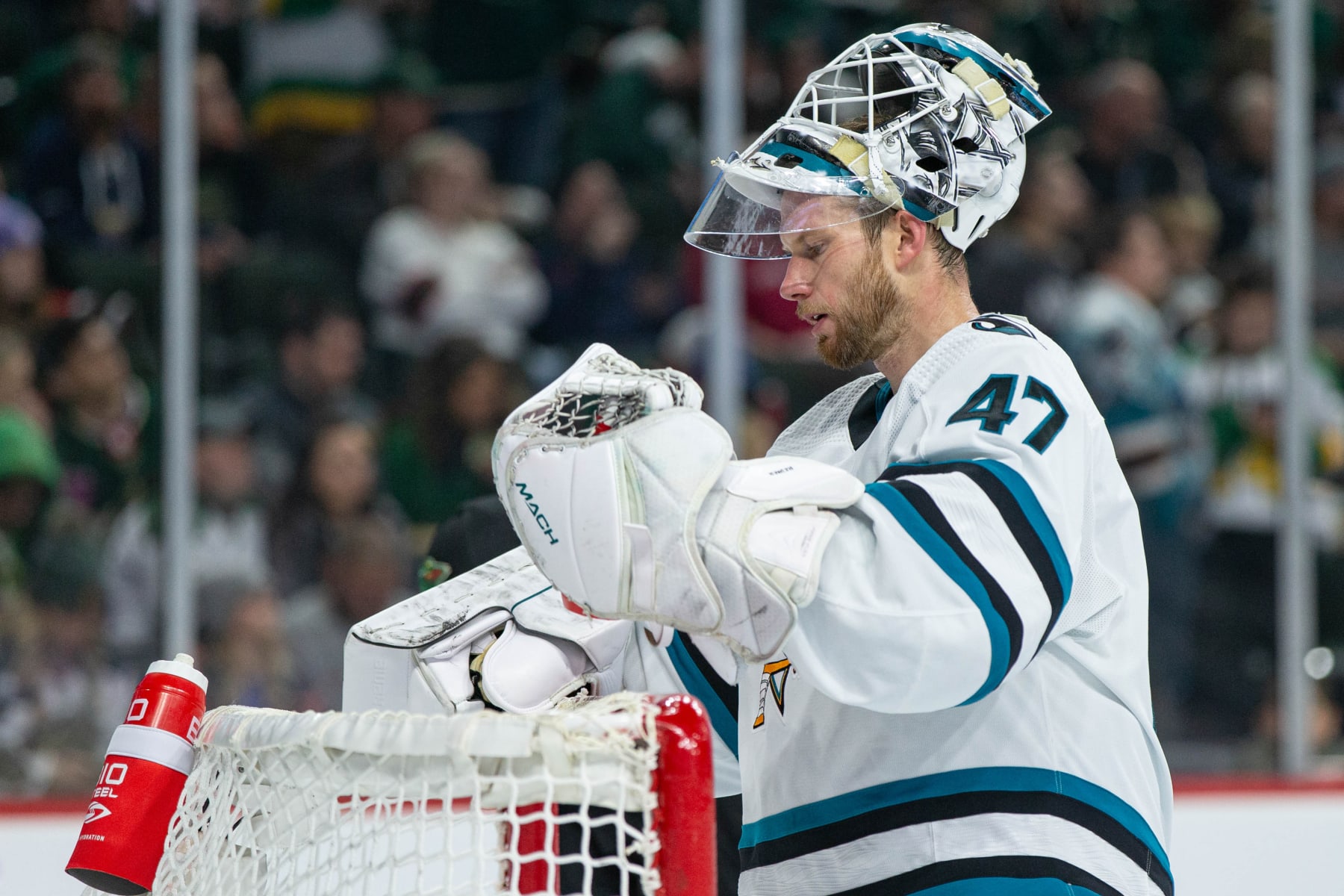 SAINT PAUL, MN - NOVEMBER 13: San Jose Sharks goaltender James Reimer (47) looks on during the NHL game between the San Jose Sharks and the Minnesota Wild, on November 13th, 2022, at Xcel Energy Center in Saint Paul, MN. (Photo by Bailey Hillesheim/Icon Sportswire via Getty Images via Getty Images)