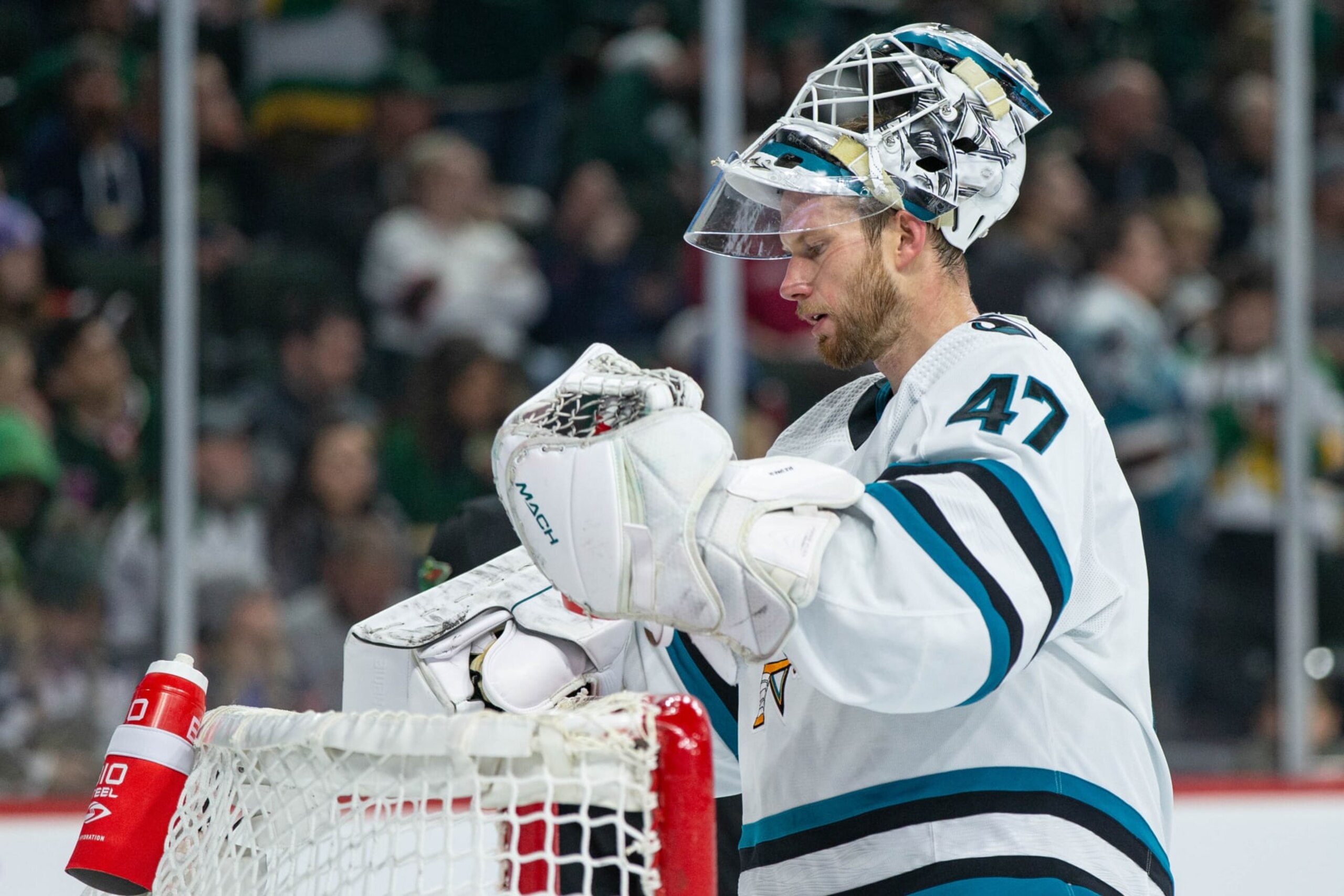 SAINT PAUL, MN - NOVEMBER 13: San Jose Sharks goaltender James Reimer (47) looks on during the NHL game between the San Jose Sharks and the Minnesota Wild, on November 13th, 2022, at Xcel Energy Center in Saint Paul, MN. (Photo by Bailey Hillesheim/Icon Sportswire via Getty Images via Getty Images)