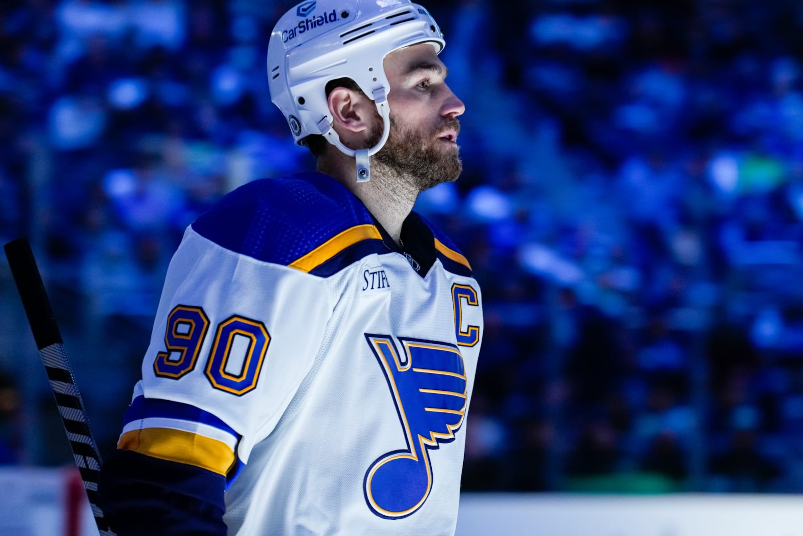 SEATTLE, WASHINGTON - DECEMBER 20: Ryan OReilly #90 of the St. Louis Blues skates on the ice before the second period of a game against the Seattle Kraken at Climate Pledge Arena on December 20, 2022 in Seattle, Washington. (Photo by Christopher Mast/NHLI via Getty Images)