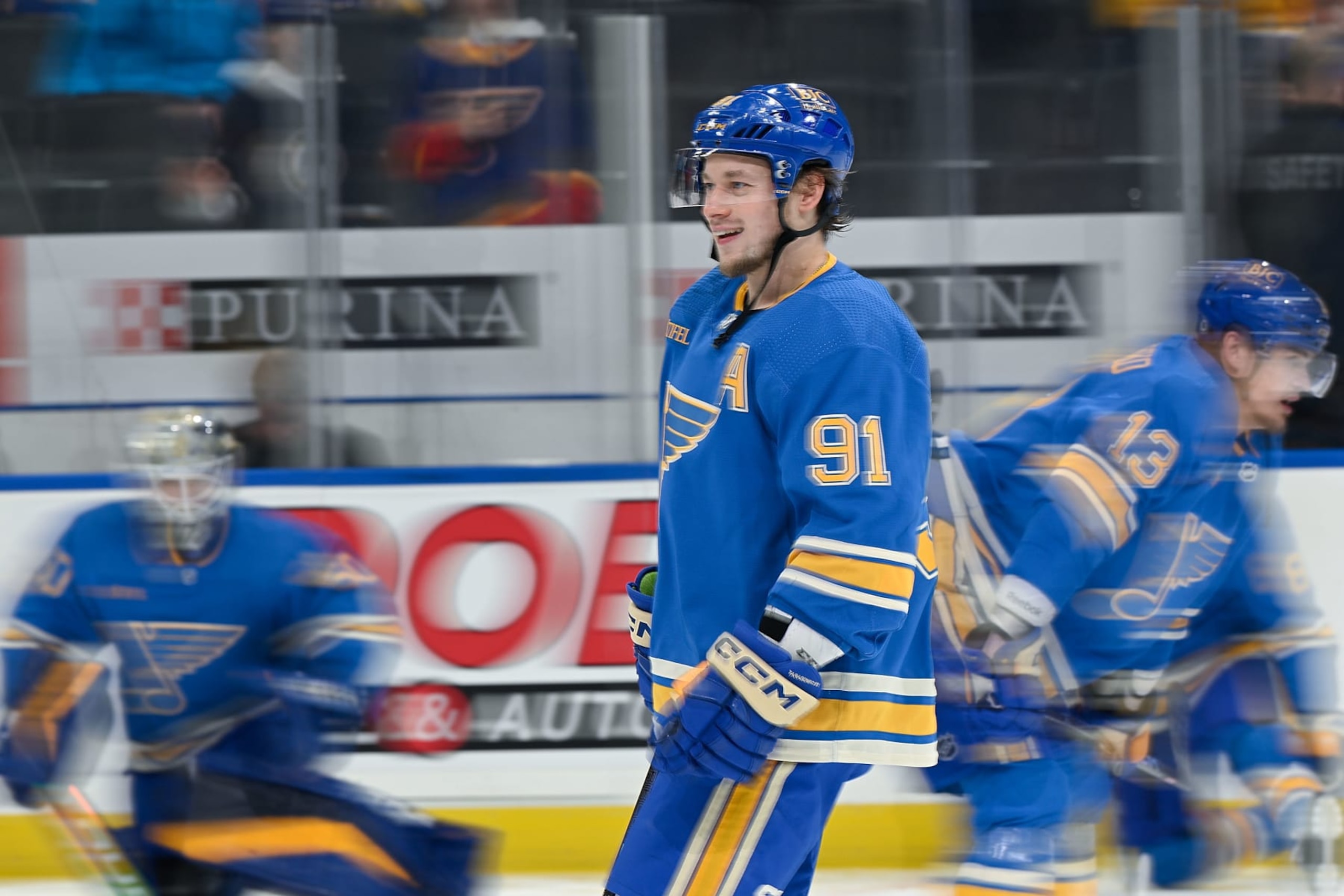 ST. LOUIS, MO - DECEMBER 31: Vladimir Tarasenko #91 of the St. Louis Blues during warmups against the Minnesota Wild at the Enterprise Center on December 31, 2022 in St. Louis, Missouri. (Photo by Scott Rovak/NHLI via Getty Images)