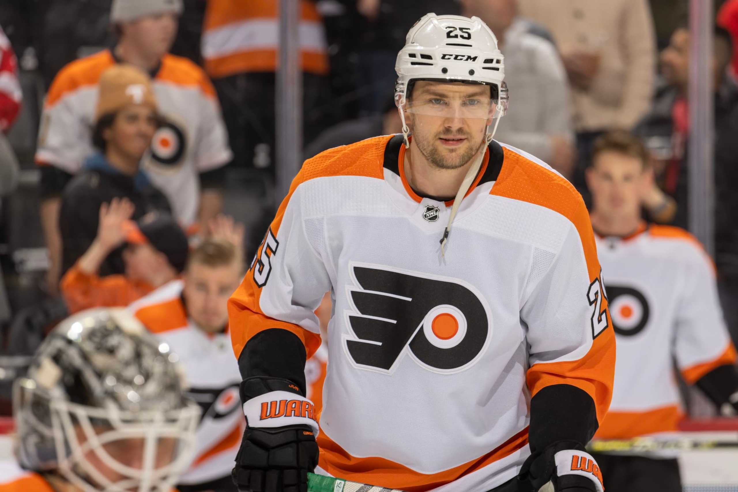 DETROIT, MI - JANUARY 21: James van Riemsdyk #25 of the Philadelphia Flyers skates around in warm ups before an NHL game against the Detroit Red Wings at Little Caesars Arena on January 21, 2023 in Detroit, Michigan. (Photo by Dave Reginek/NHLI via Getty Images)
