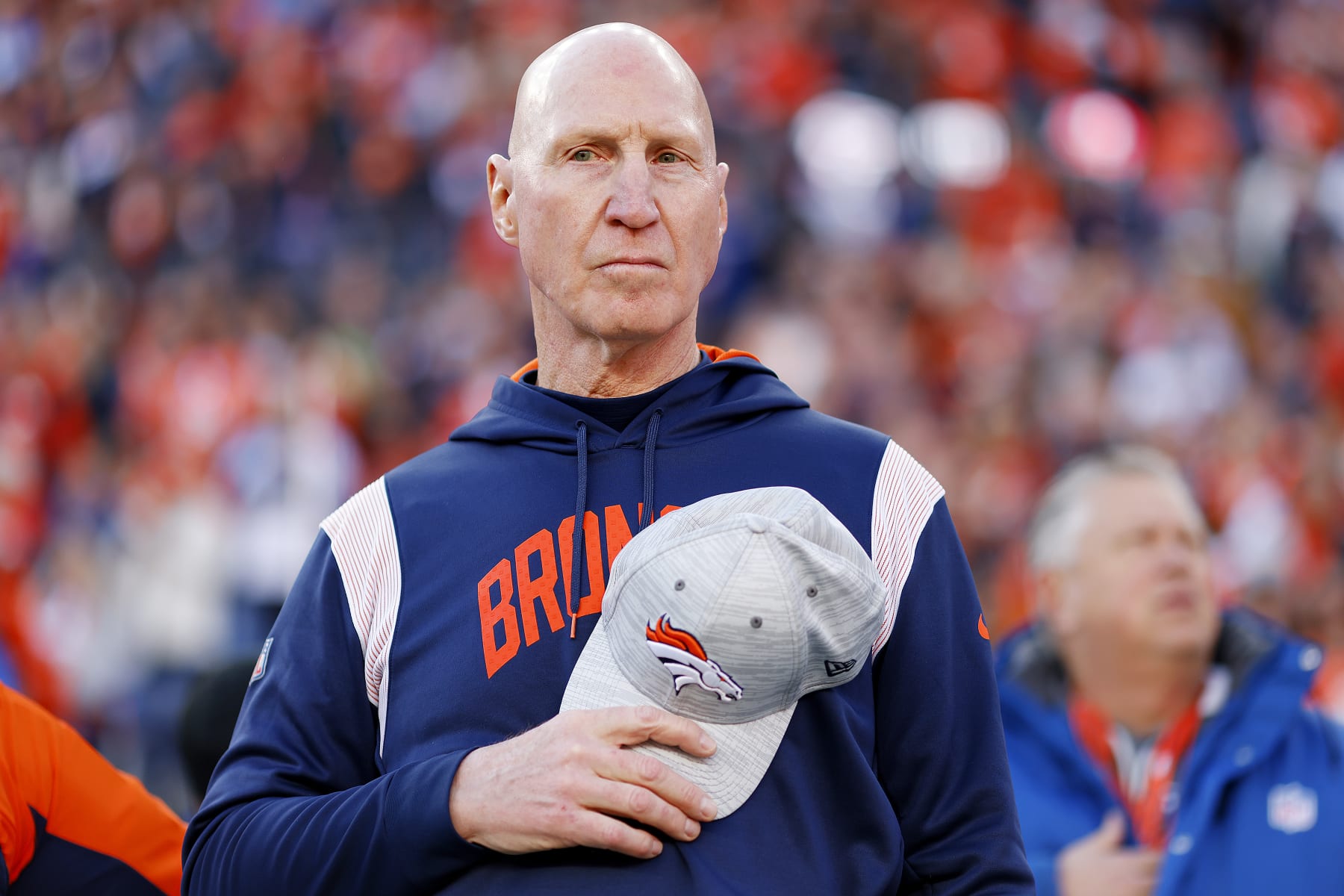 DENVER, COLORADO - JANUARY 08: Interim head coach Jerry Rosburg of the Denver Broncos stands during the National Anthem prior to a game against the Los Angeles Chargers at Empower Field At Mile High on January 08, 2023 in Denver, Colorado. (Photo by Justin Edmonds/Getty Images)