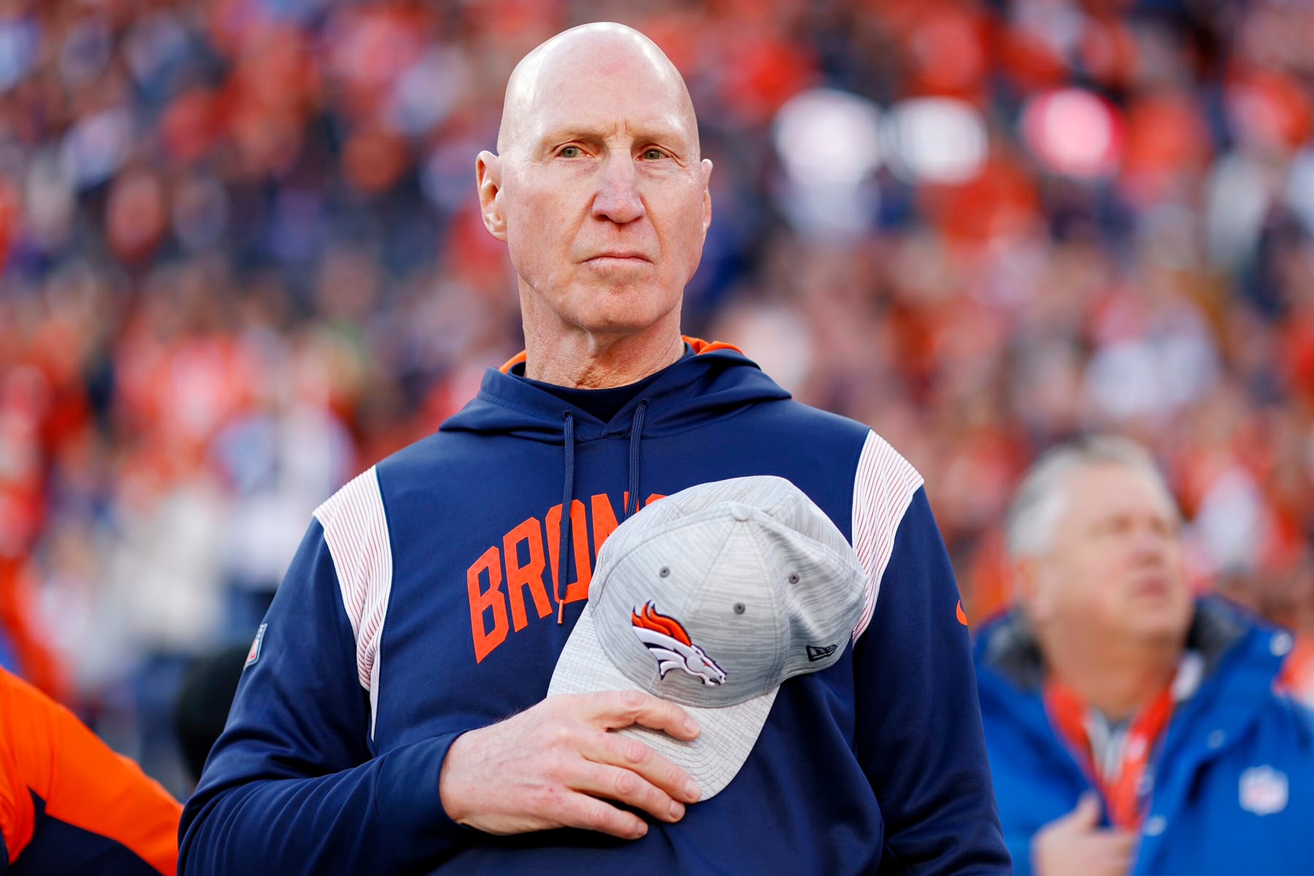 DENVER, COLORADO - JANUARY 08: Interim head coach Jerry Rosburg of the Denver Broncos stands during the National Anthem prior to a game against the Los Angeles Chargers at Empower Field At Mile High on January 08, 2023 in Denver, Colorado. (Photo by Justin Edmonds/Getty Images)