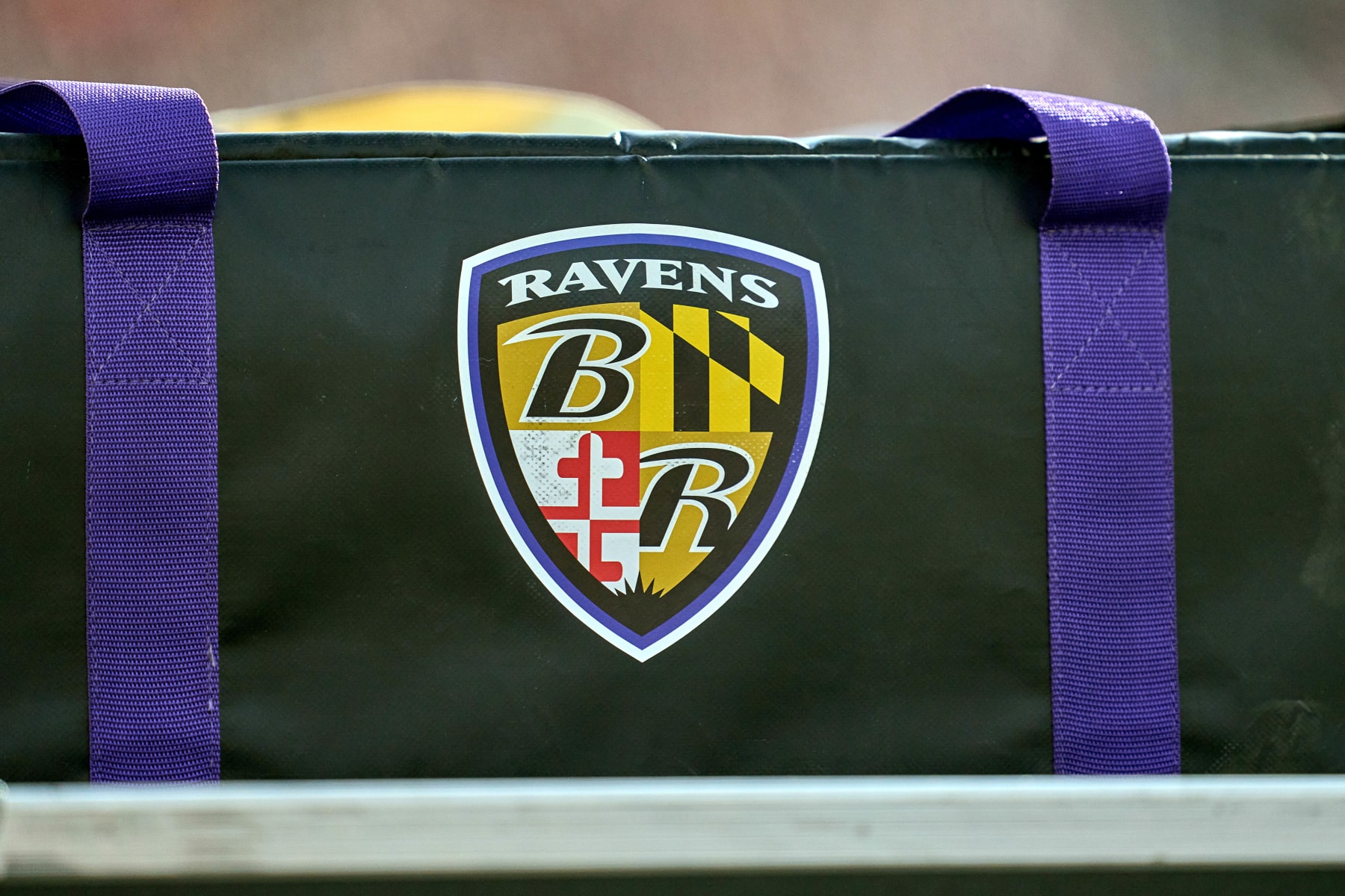 CINCINNATI, OH - DECEMBER 26: A detail view of a Baltimore Ravens logo is seen on an equipment bag during a game between the Cincinnati Bengals and the Baltimore Ravens on December 26, 2021, at Paul Brown Stadium in Cincinnati, OH. (Photo by Robin Alam/Icon Sportswire via Getty Images)