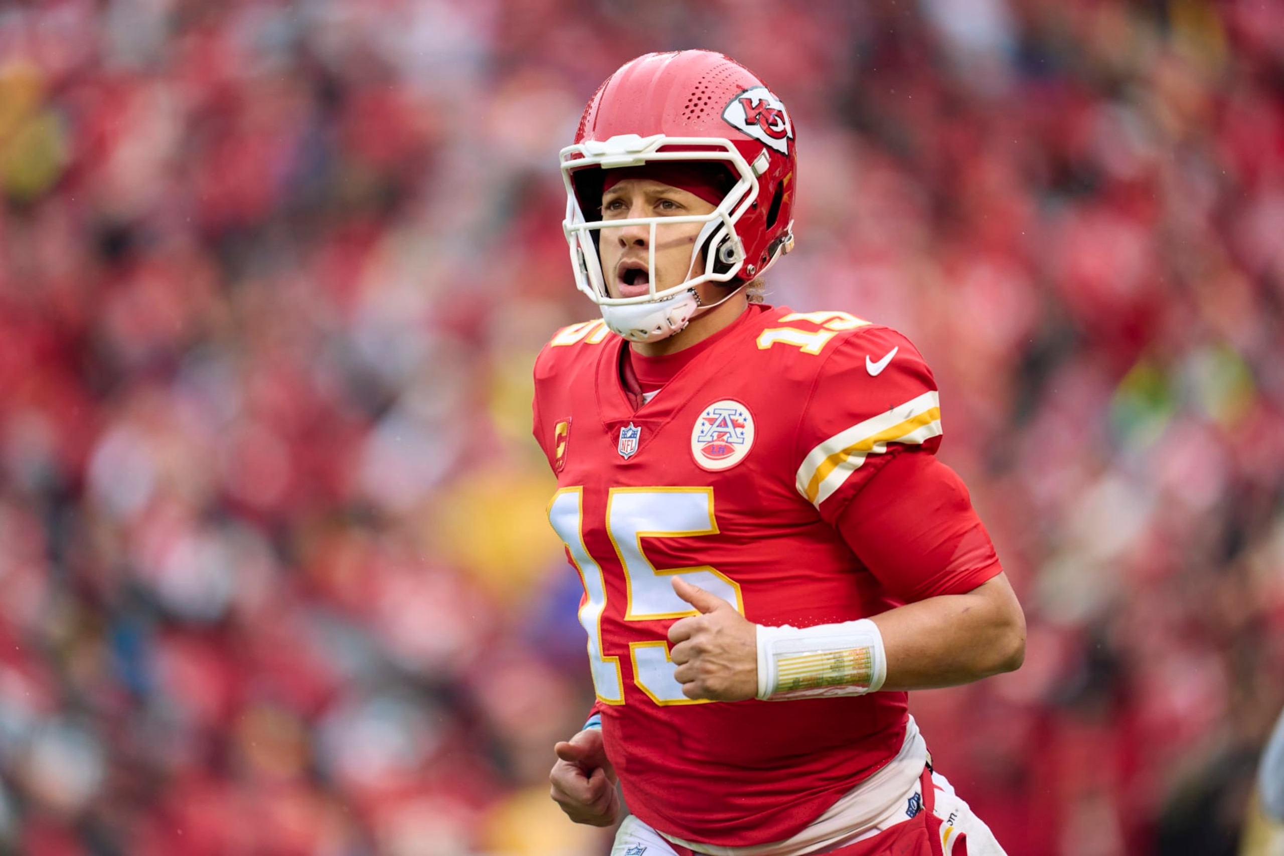 KANSAS CITY, MO - JANUARY 21: Patrick Mahomes #15 of the Kansas City Chiefs jogs towards the sideline against the Jacksonville Jaguars during the first half at GEHA Field at Arrowhead Stadium on January 21, 2023 in Kansas City, Missouri. (Photo by Cooper Neill/Getty Images) KANSAS CITY, MO - JANUARY 21: Patrick Mahomes #15 of the Kansas City Chiefs jogs towards the sideline against the Jacksonville Jaguars during the first half at GEHA Field at Arrowhead Stadium on January 21, 2023 in Kansas City, Missouri. (Photo by Cooper Neill/Getty Images)
