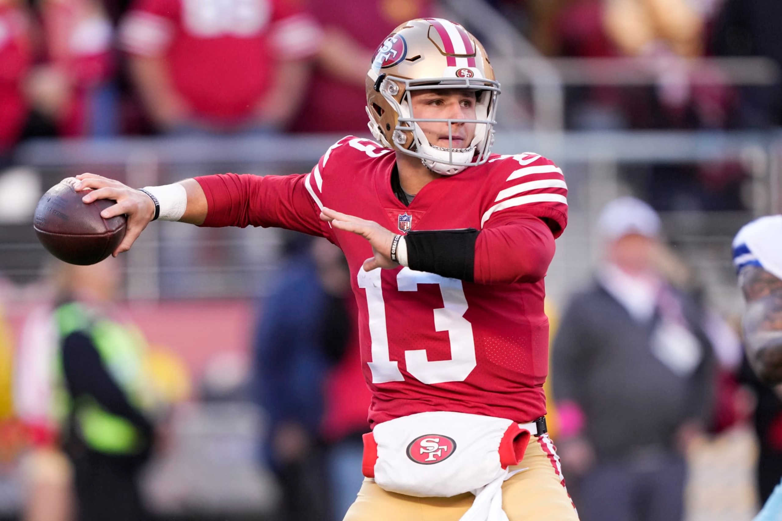 SANTA CLARA, CALIFORNIA - JANUARY 22: Brock Purdy #13 of the San Francisco 49ers throws a pass against the Dallas Cowboys during the first quarter in the NFC Divisional Playoff game at Levi's Stadium on January 22, 2023 in Santa Clara, California. (Photo by Thearon W. Henderson/Getty Images) SANTA CLARA, CALIFORNIA - JANUARY 22: Brock Purdy #13 of the San Francisco 49ers throws a pass against the Dallas Cowboys during the first quarter in the NFC Divisional Playoff game at Levi's Stadium on January 22, 2023 in Santa Clara, California. (Photo by Thearon W. Henderson/Getty Images)