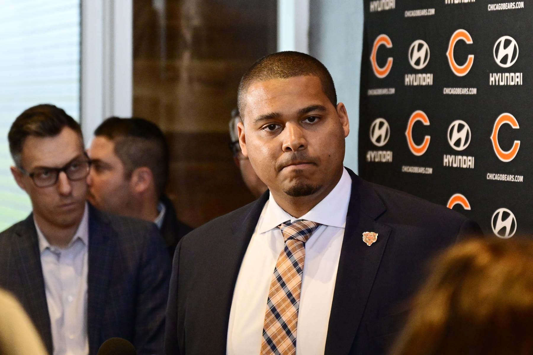 LAKE FOREST, ILLINOIS - JANUARY 17: General manager Ryan Poles of the Chicago Bears addresses questions after Kevin Warren was introduced as Chicago Bears president and CEO at Halas Hall on January 17, 2023 in Lake Forest, Illinois. (Photo by Quinn Harris/Getty Images)