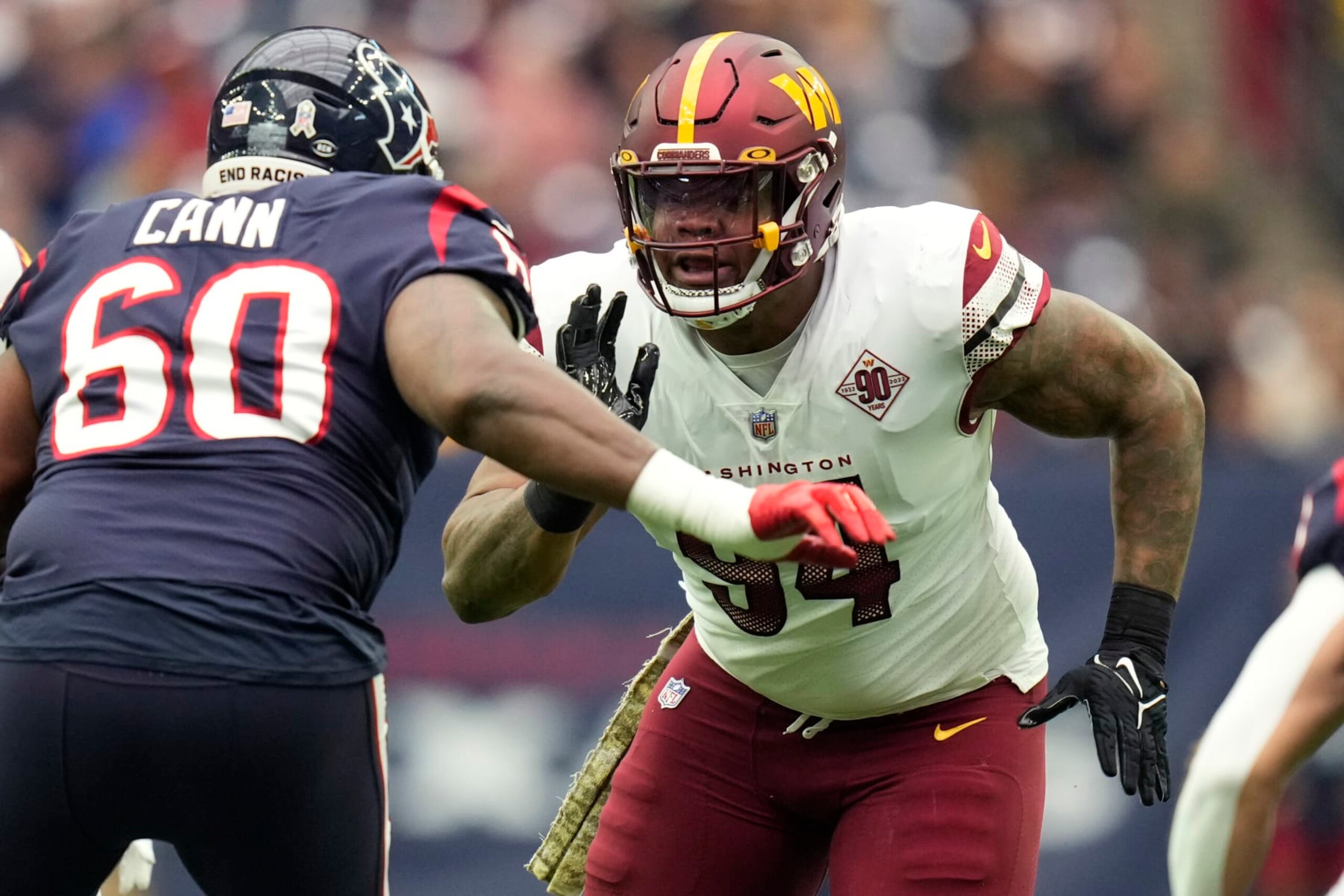 Washington Commanders defensive tackle Daron Payne (94) runs against Houston Texans guard A.J. Cann (60) during the first half of an NFL football game Sunday, Nov. 20, 2022, in Houston. (AP Photo/Eric Christian Smith) Washington Commanders defensive tackle Daron Payne (94) runs against Houston Texans guard A.J. Cann (60) during the first half of an NFL football game Sunday, Nov. 20, 2022, in Houston. (AP Photo/Eric Christian Smith)