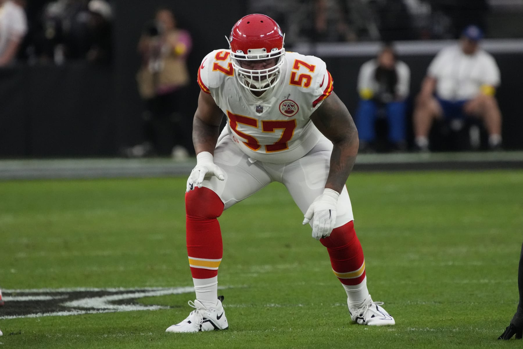 Kansas City Chiefs offensive tackle Orlando Brown Jr. (57) lines up against the Las Vegas Raiders during the first half of an NFL football game, Saturday, Jan. 7, 2023, in Las Vegas. (AP Photo/Rick Scuteri)