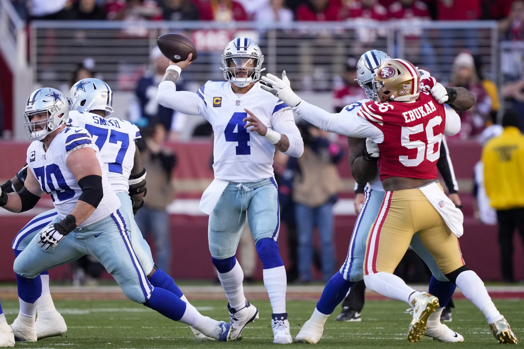 SANTA CLARA, CALIFORNIA - JANUARY 22: Dak Prescott #4 of the Dallas Cowboys throws a pass against the San Francisco 49ers during the first quarter in the NFC Divisional Playoff game at Levi's Stadium on January 22, 2023 in Santa Clara, California. (Photo by Thearon W. Henderson/Getty Images)