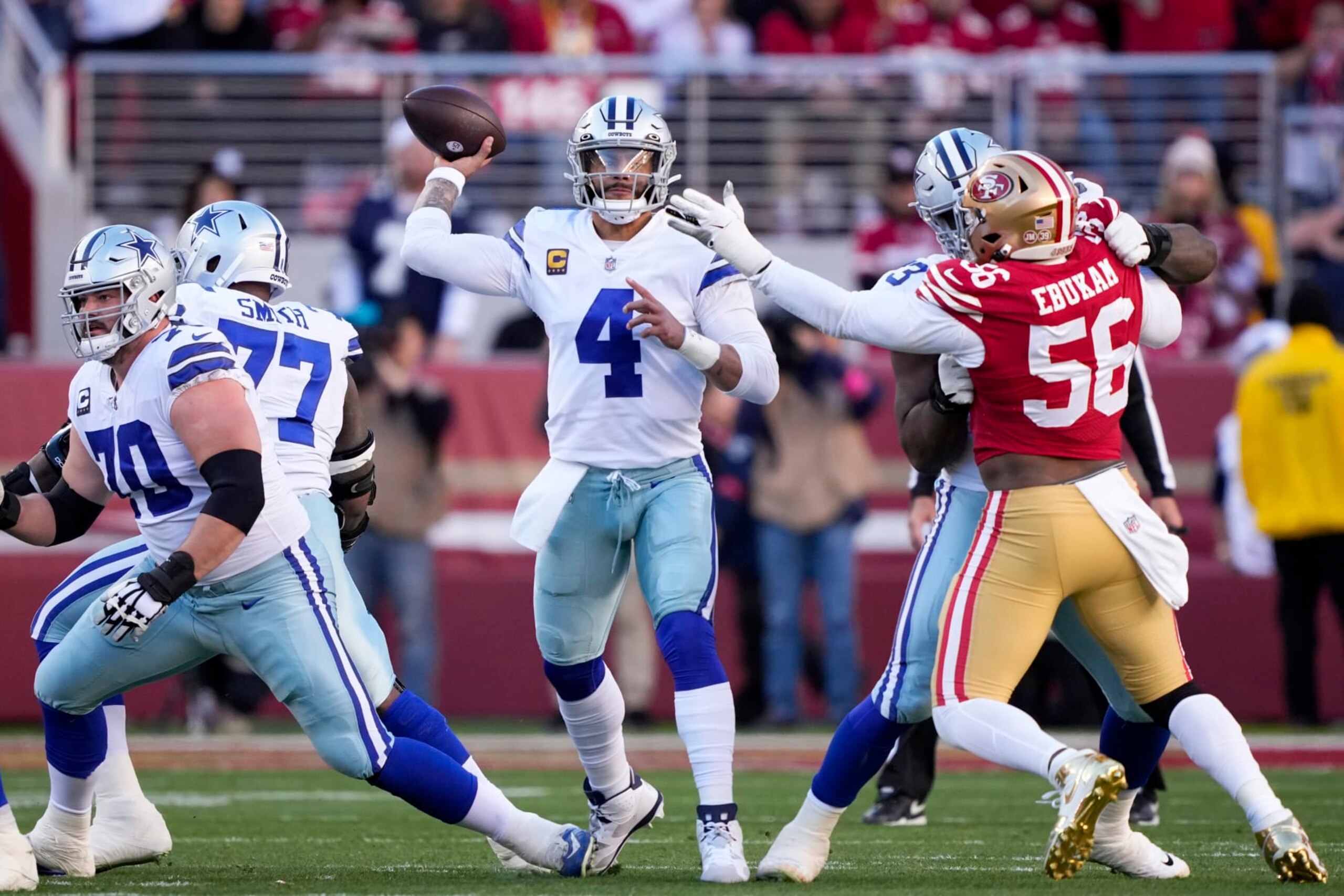 SANTA CLARA, CALIFORNIA - JANUARY 22: Dak Prescott #4 of the Dallas Cowboys throws a pass against the San Francisco 49ers during the first quarter in the NFC Divisional Playoff game at Levi's Stadium on January 22, 2023 in Santa Clara, California. (Photo by Thearon W. Henderson/Getty Images)