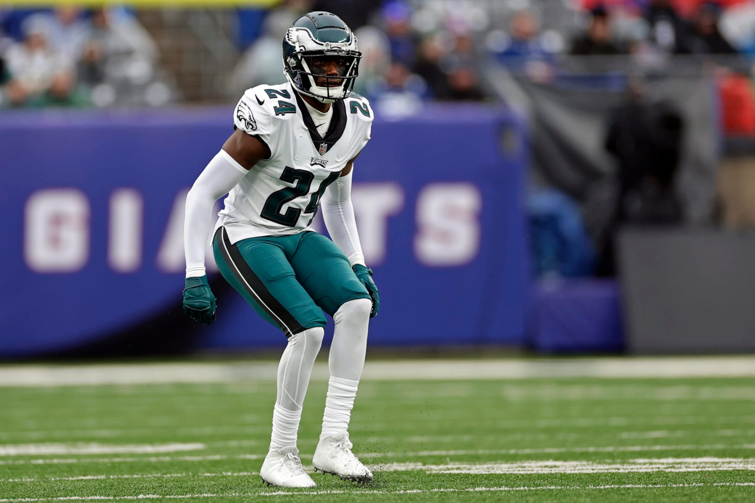 Philadelphia Eagles cornerback James Bradberry (24) defends against the New York Giants during an NFL football game Sunday, Dec. 11, 2022, in East Rutherford, N.J. (AP Photo/Adam Hunger)