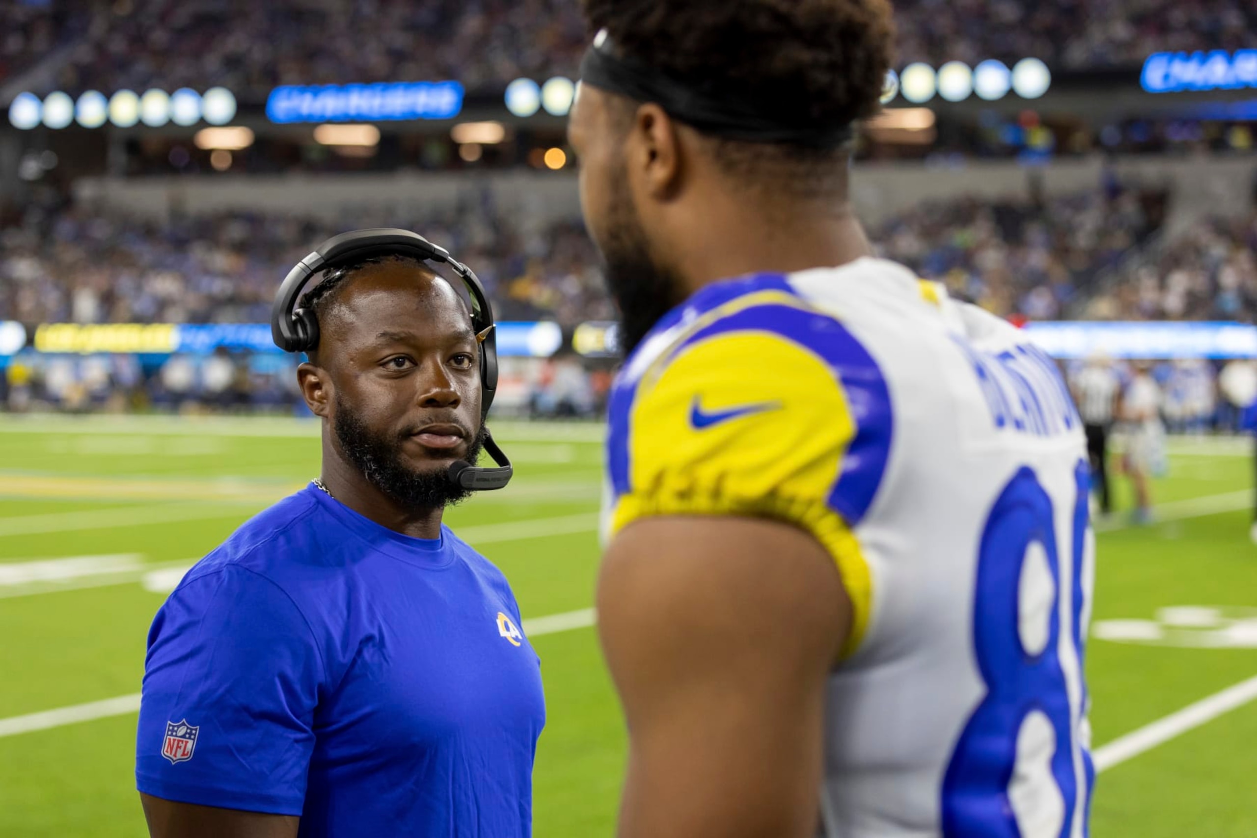 Assistant head coach Thomas Brown of the Los Angeles Rams coaches against the Los Angeles Chargers in a preseason NFL football game, Saturday, Aug. 13, 2022, in Inglewood, Calif. (AP Photo/Jeff Lewis)