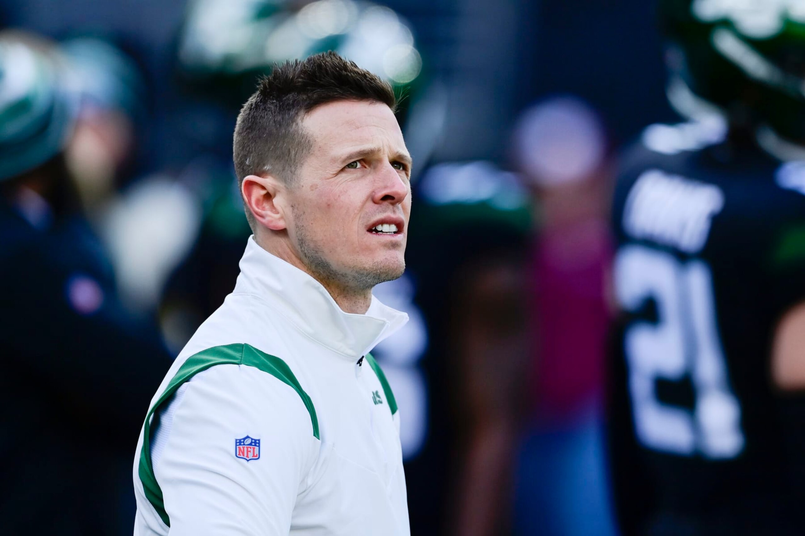 EAST RUTHERFORD, NEW JERSEY - DECEMBER 05:  Offensive coordinator Mike LaFleur of the New York Jets looks on prior to the game against the Philadelphia Eagles at MetLife Stadium on December 05, 2021 in East Rutherford, New Jersey. (Photo by Steven Ryan/Getty Images)