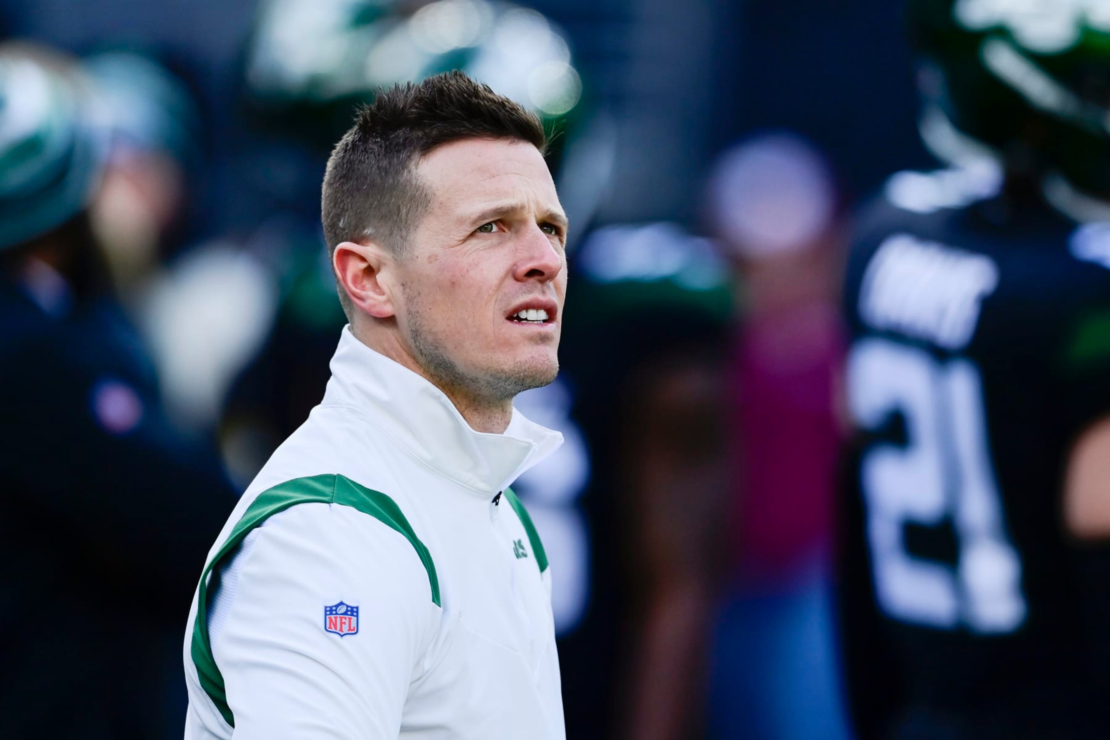 EAST RUTHERFORD, NEW JERSEY - DECEMBER 05:  Offensive coordinator Mike LaFleur of the New York Jets looks on prior to the game against the Philadelphia Eagles at MetLife Stadium on December 05, 2021 in East Rutherford, New Jersey. (Photo by Steven Ryan/Getty Images)