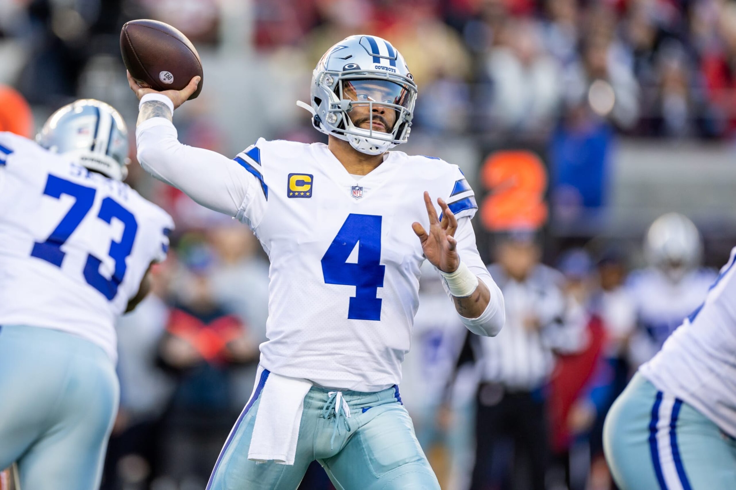 SANTA CLARA, CA - JANUARY 22: Dallas Cowboys quarterback Dak Prescott (4) throws a pass during the NFL NFC Divisional Playoff game between the Dallas Cowboys and San Francisco 49ers on January 22, 2023, at Levis Stadium in Santa Clara, CA. (Photo by Bob Kupbens/Icon Sportswire via Getty Images)