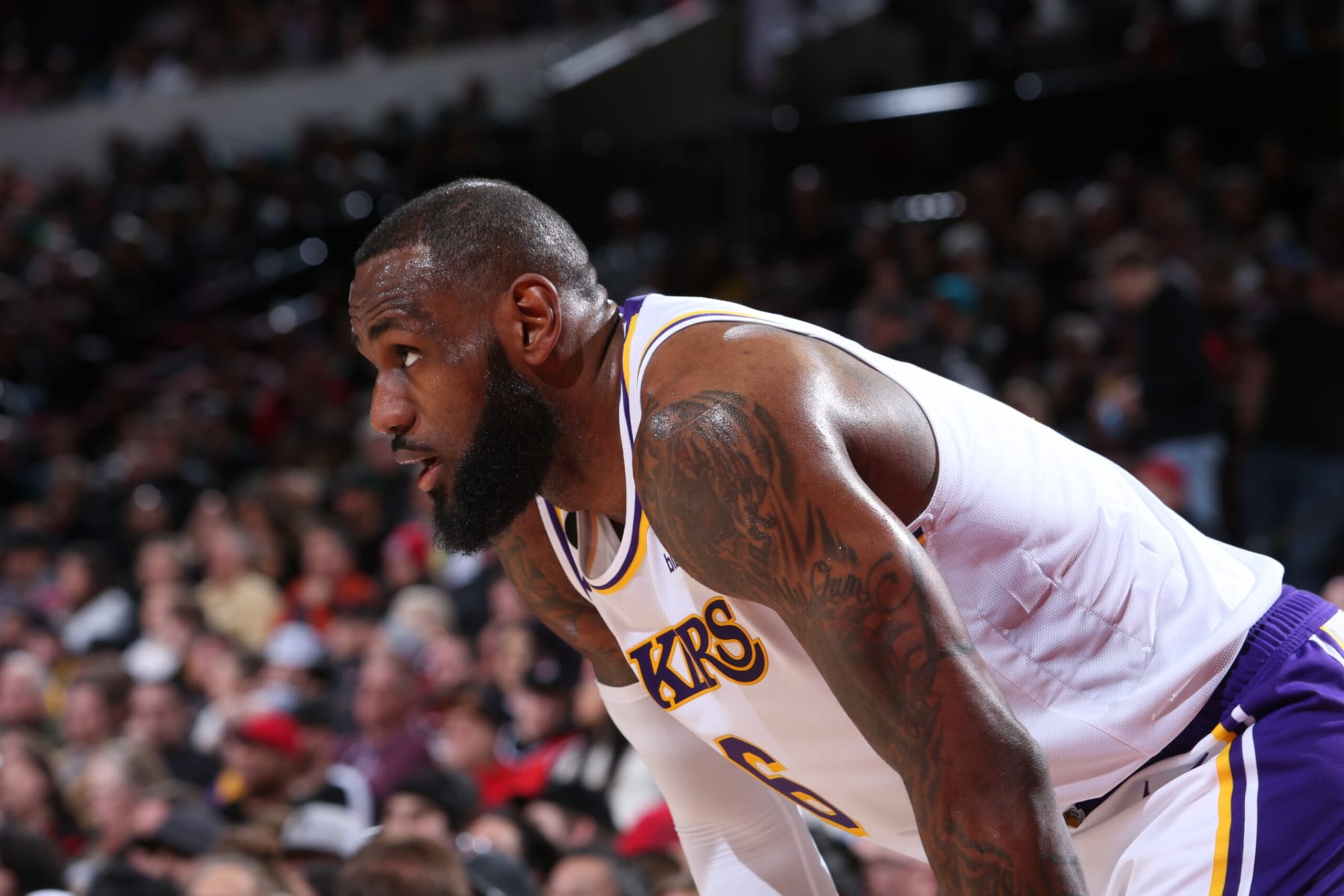 PORTLAND, OR - JANUARY 22: LeBron James #6 of the Los Angeles Lakers looks on during the game against the Portland Trail Blazers on January 23, 2023 at the Moda Center Arena in Portland, Oregon. NOTE TO USER: User expressly acknowledges and agrees that, by downloading and or using this photograph, user is consenting to the terms and conditions of the Getty Images License Agreement. Mandatory Copyright Notice: Copyright 2023 NBAE (Photo by Sam Forencich/NBAE via Getty Images)