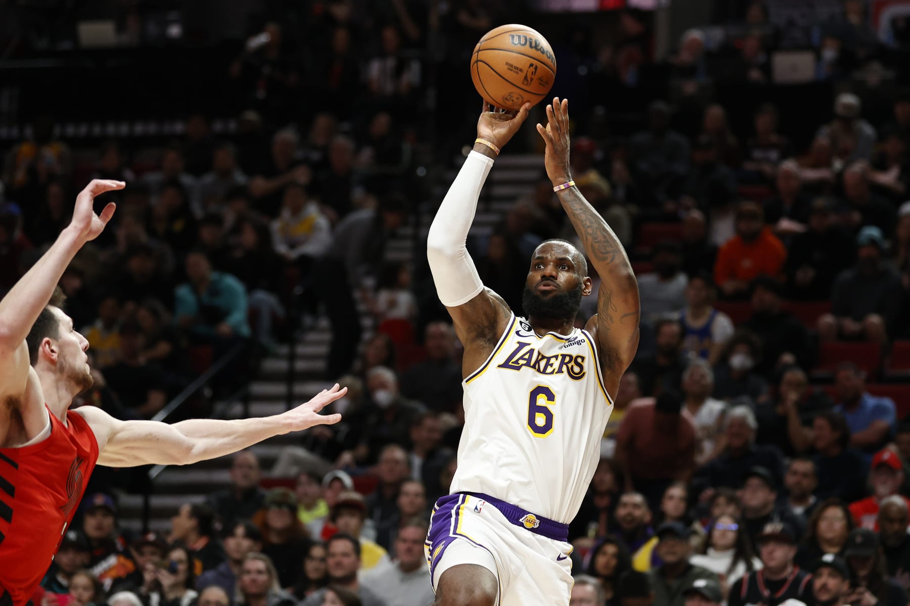 PORTLAND, OREGON - JANUARY 22: LeBron James #6 of the Los Angeles Lakers shoots against the Portland Trail Blazers during the first half at Moda Center on January 22, 2023 in Portland, Oregon. NOTE TO USER: User expressly acknowledges and agrees that, by downloading and/or using this photograph, User is consenting to the terms and conditions of the Getty Images License Agreement. (Photo by Steph Chambers/Getty Images)