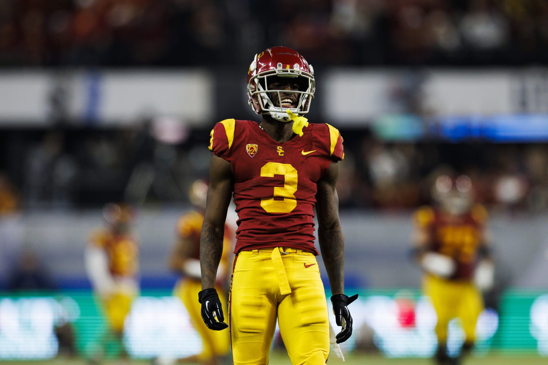 LAS VEGAS, NV - DECEMBER 02: USC Trojans wide receiver Jordan Addison (3) celebrates during the Pac-12 Championship football game between Utah Utes and USC Trojans on December 2, 2022 at Allegiant Stadium in Las Vegas, NV. (Photo by Ric Tapia/Icon Sportswire via Getty Images)