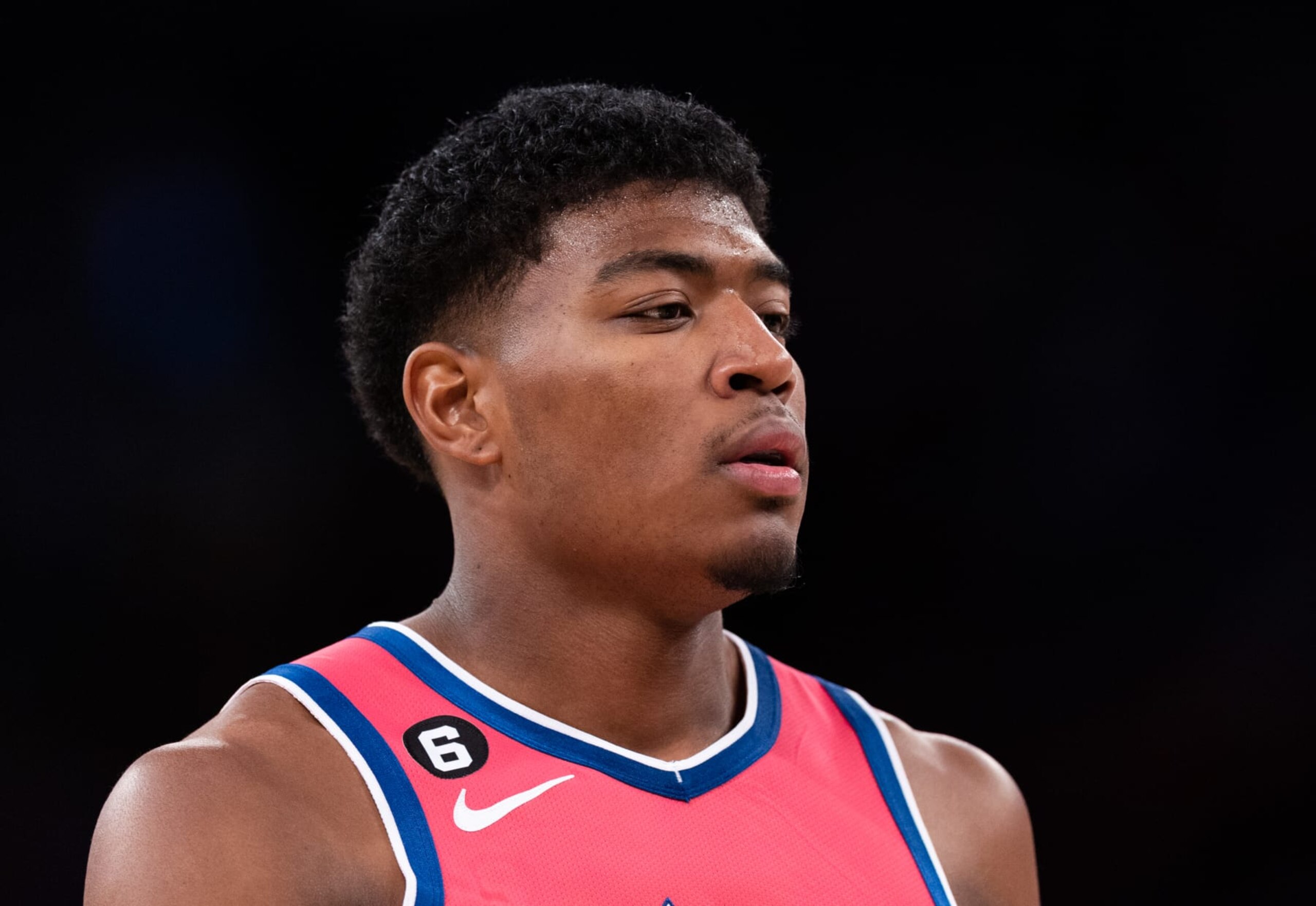NEW YORK, NEW YORK - JANUARY 18: Rui Hachimura #8 of the Washington Wizards looks on during the third quarter of the game against the New York Knicks at Madison Square Garden on January 18, 2023 in New York City. NOTE TO USER: User expressly acknowledges and agrees that, by downloading and or using this photograph, User is consenting to the terms and conditions of the Getty Images License Agreement. (Photo by Dustin Satloff/Getty Images)